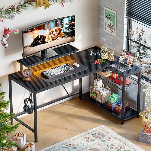 Miniatura 69 de Bestier Escritorio en forma de L de 58 L con tomas de corriente, escritorio esquinero para oficina en casa con estantes reversibles y luces LED,
