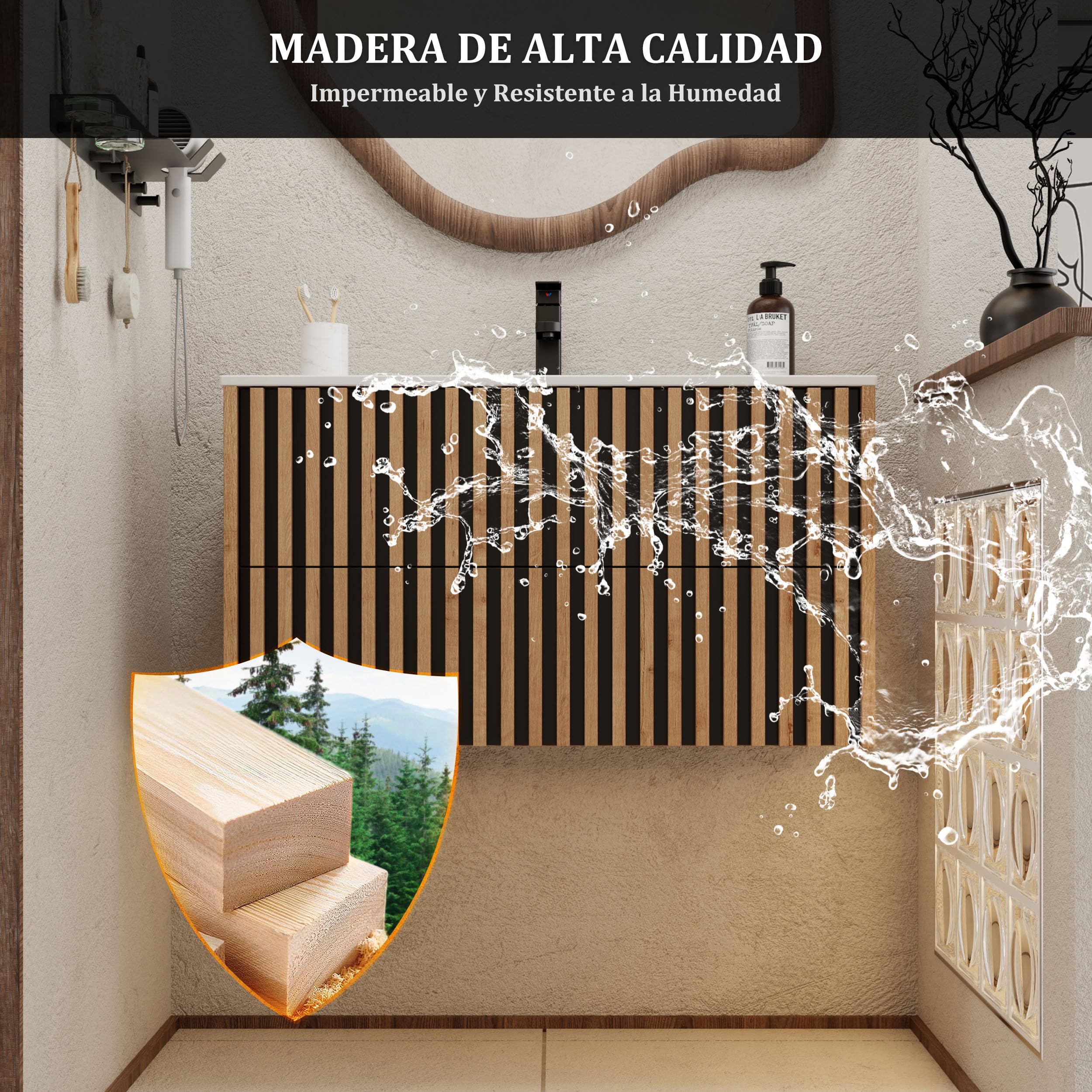 UEV 90CM Mueble de Baño Suspendido con Lavabo de Cerámica, Mueble Lavabo Incluido con 2 Cajones para Almacenaje, Moderno y Práctico, Natural