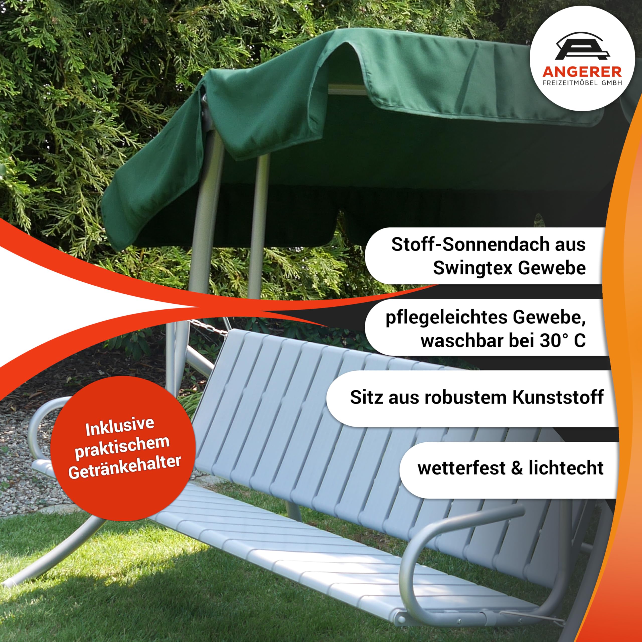 ANGERER Hollywoodschaukel Trend grün einfarbig | Gartenschaukel Made in Germany, Schaukel zum Sitzen, Liegen und Entspannen, inklusive Bett-Funktion, einfache Montage