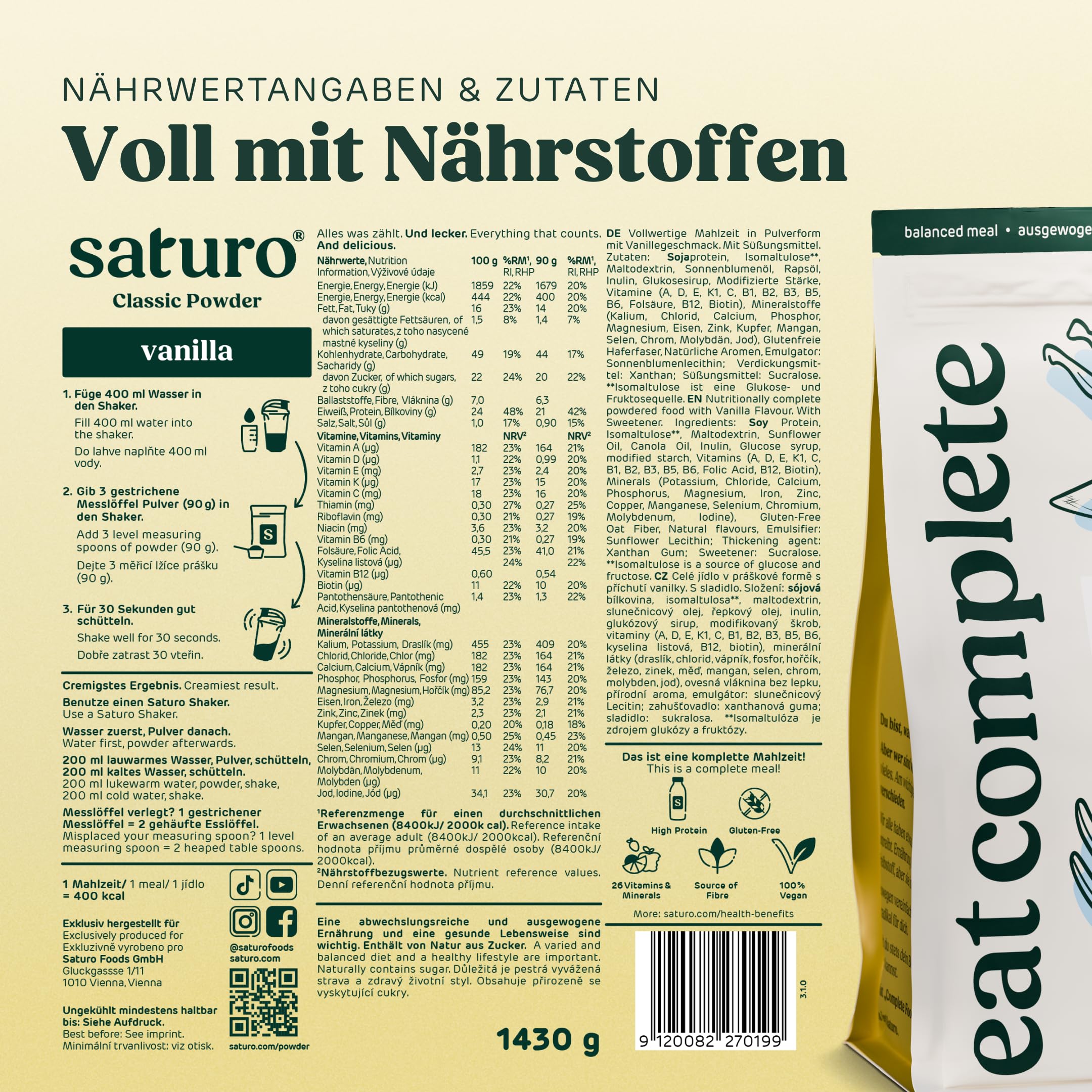 Saturo Mahlzeitersatz Shake Vanille | Proteinpulver Mit 21g Vegan Protein & 26 Wertvollen Nährstoffen | 1,43kg