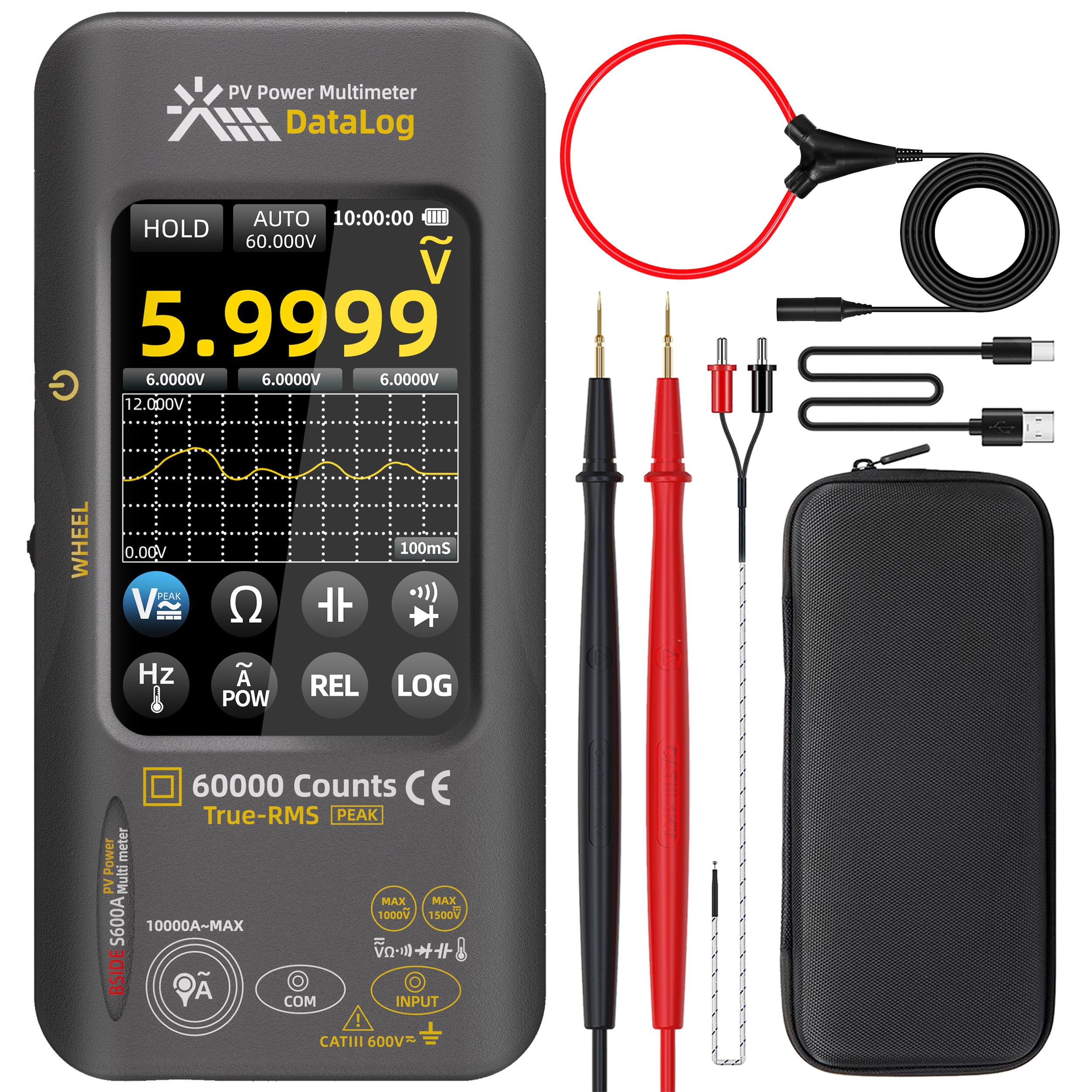 BSIDE S600A Professional Multimeter 60000 Zählungen Touchscreen, Digital und Grafisches Multimeter TRMS 1500V 10000A mit Leistungsmessung & REL Messung, Datenlogger, Flexibler Stromzange