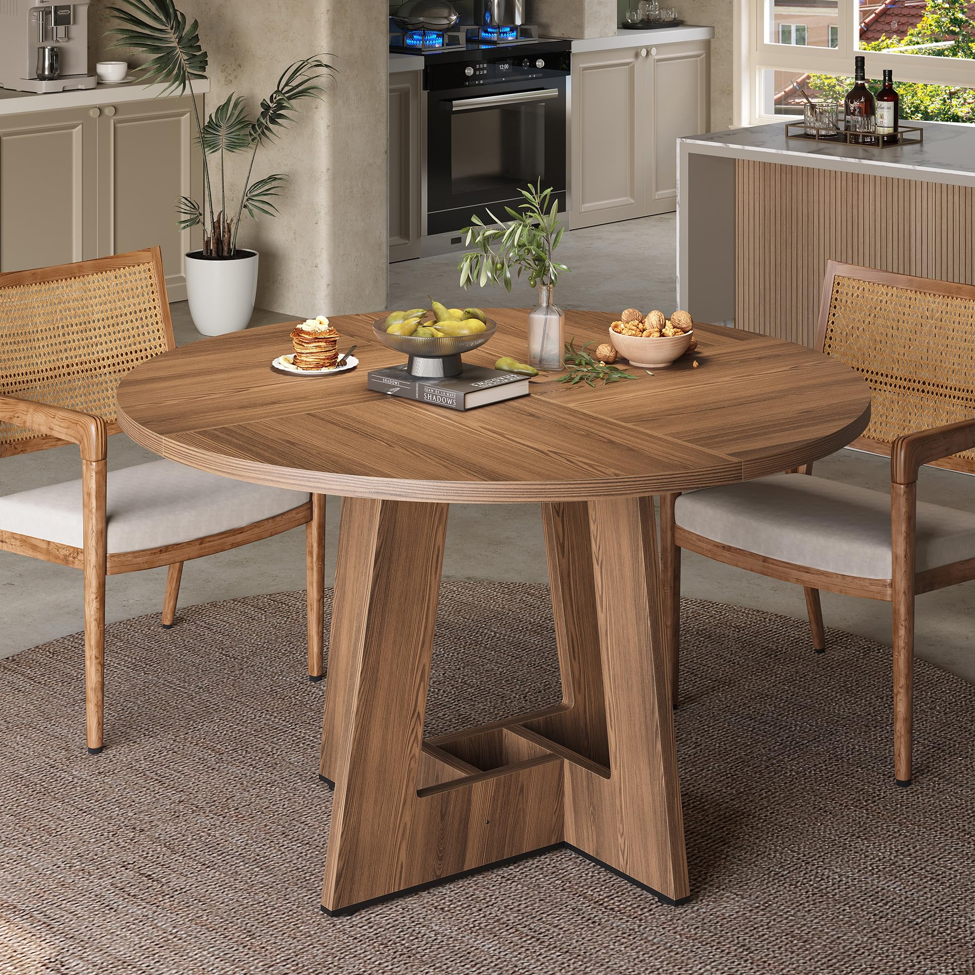 APICIZON Table de salle à manger ronde pour 4 à 6 personnes, table de salle à manger en bois de 120 cm, sans vacillement, durable, pour cuisine et salon, facile à assembler, marron (table uniquement)