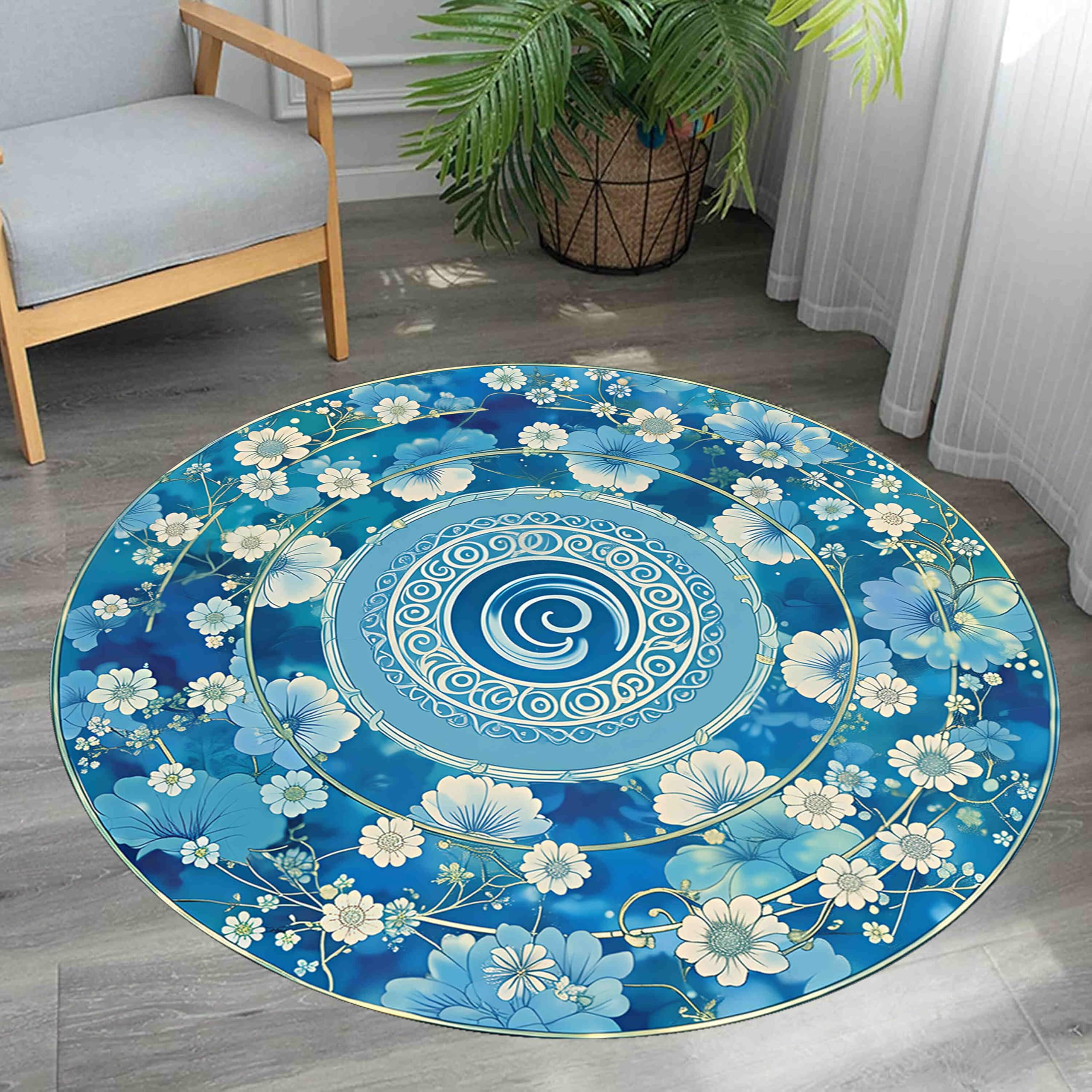 YHUERC 3D Round Rug, 90cm Vintage Blue Floral Carpet, Cartoon Kids Print Rug, Mandala Anti-Slip Mat, Indoor Soft Washable Round Large Carpet, for Home Office Living Room Bedroom Dormitory.