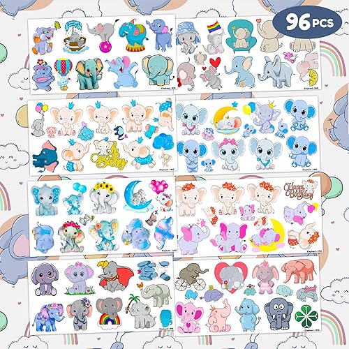 Miniatura 3 de 96 piezas de tatuajes temporales de elefante para bebé, decoración de fiesta de primer cumpleaños, suministros de decoración divertida, calcomanías