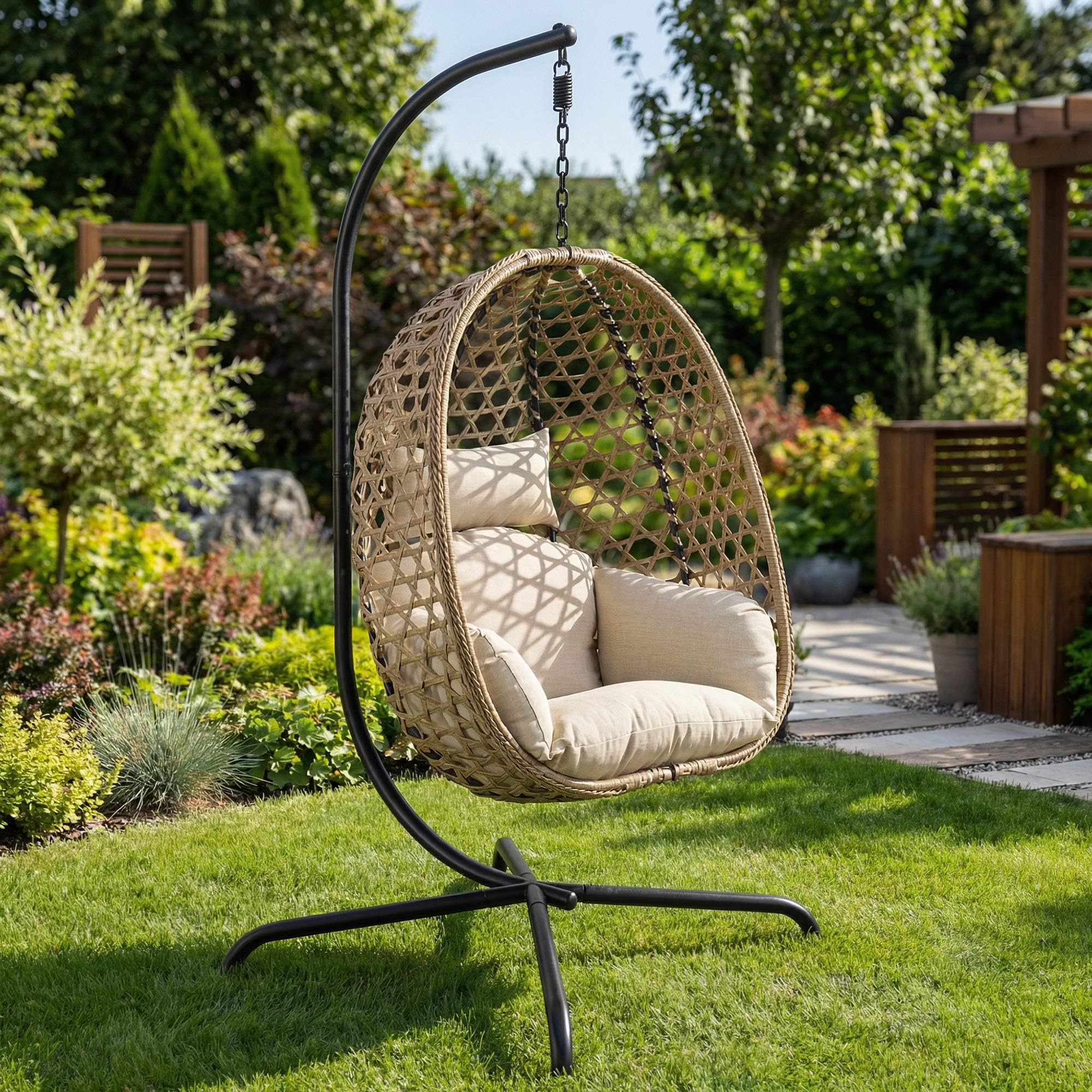 di volio Hängesessel mit Gestell PE-Rattan klappbar wetterfest Outdoor Somi | 15 cm Sitzkissen, verzinkter Stahlrahmen, Olefin-Seil, klappbar, wetterbeständig, bis 120 kg belastbar, abnehmbarer Bezug