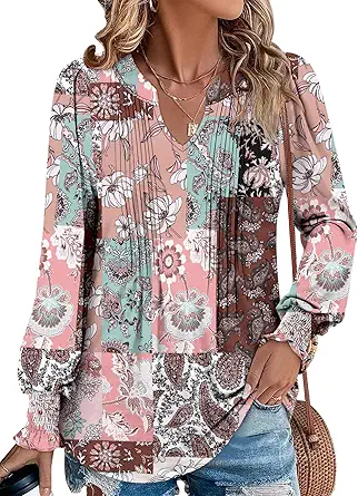 BETTE BOUTIK Long Sleeve Shirts for Women Fall Tops Dressy Blouses Pleated V Neck Tunic Tops for Leggings S-3XL