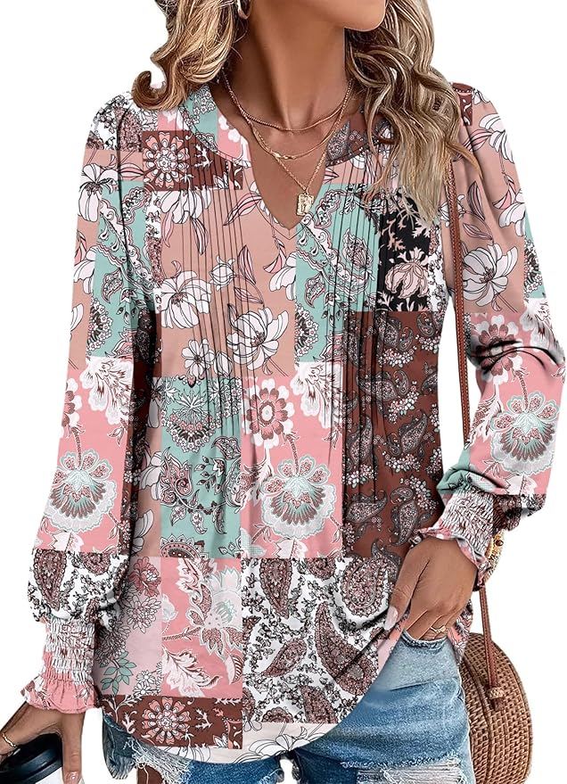 BETTE BOUTIK Long Sleeve Shirts for Women Fall Tops Dressy Blouses Pleated V Neck Tunic Tops for Leggings S-3XL