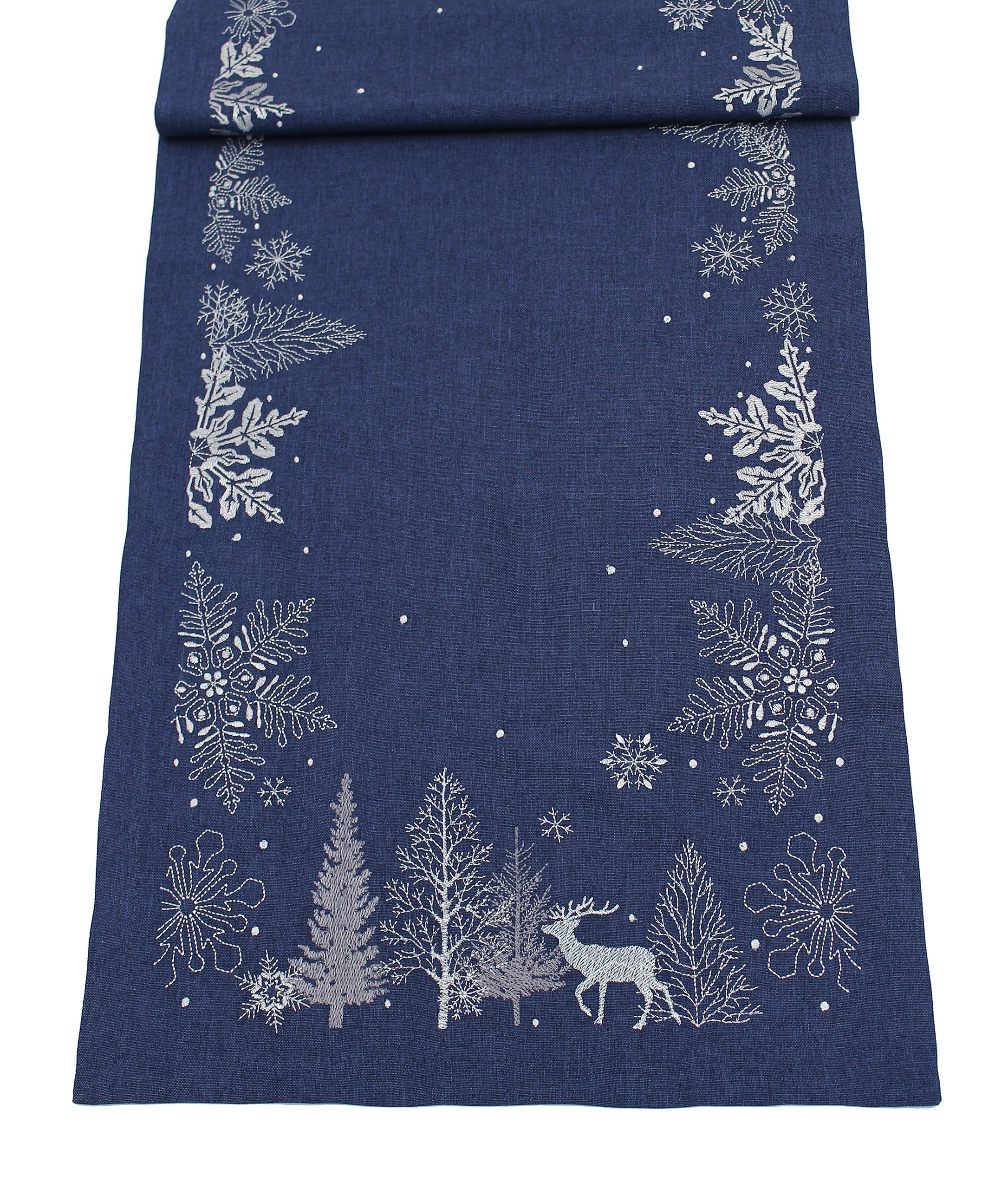Peggy Wilkins Navy/Silver Neve Woodland Stag Embroidered Christmas Table Runner 14" X 75"