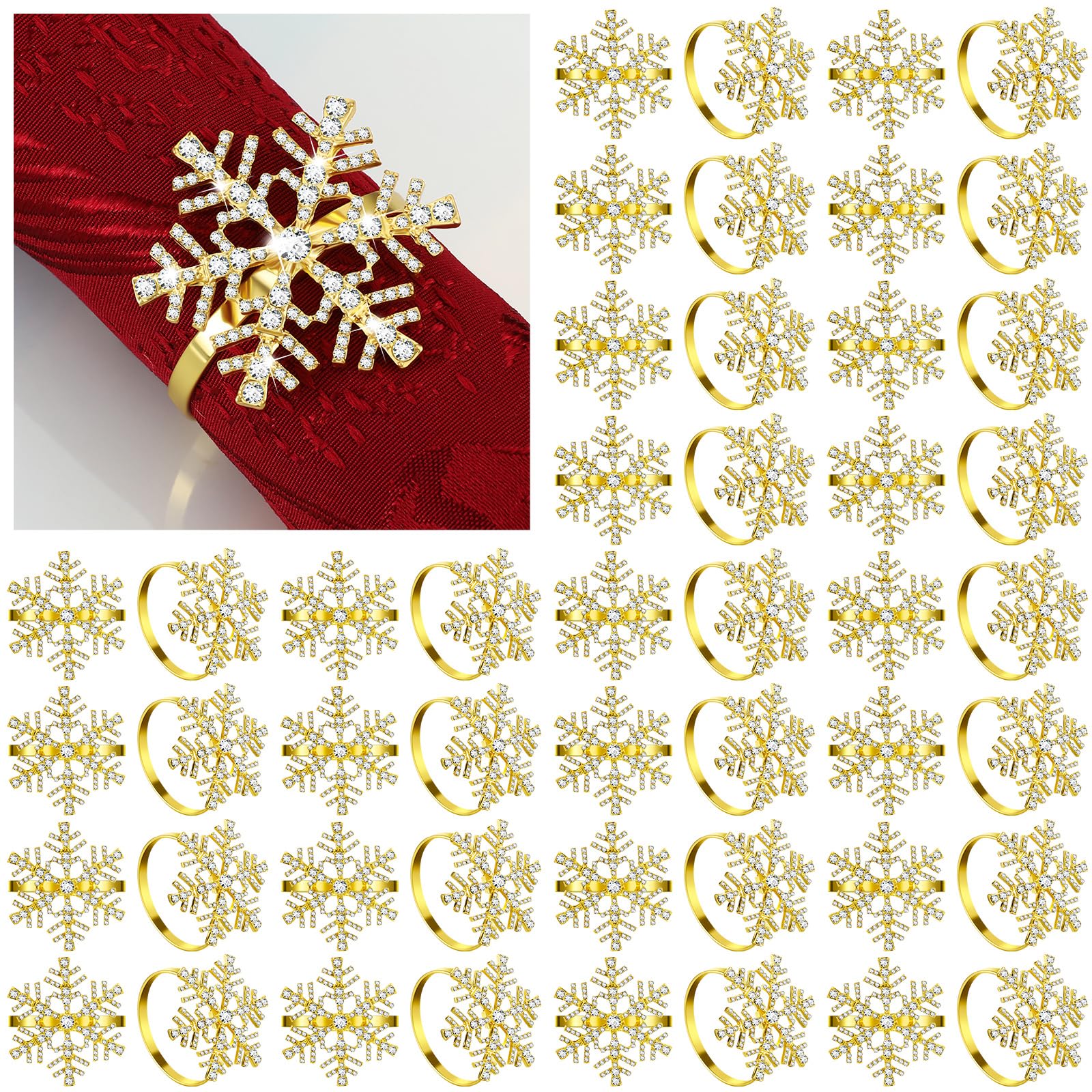 Lot de 48 ronds de serviette en forme de flocon de neige avec strass pour Noël, fête de mariage, décoration de table (doré)