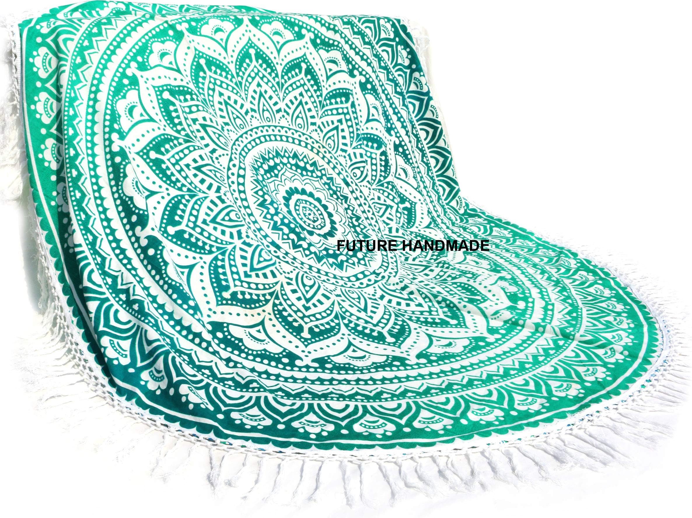 Future Handmade 72’’ Inches Sky Blue Ombre Mandala Round Hippie Bohemian Tapestry Beach Mat Meditation Yoga Mat Indian Roundie Tapestry