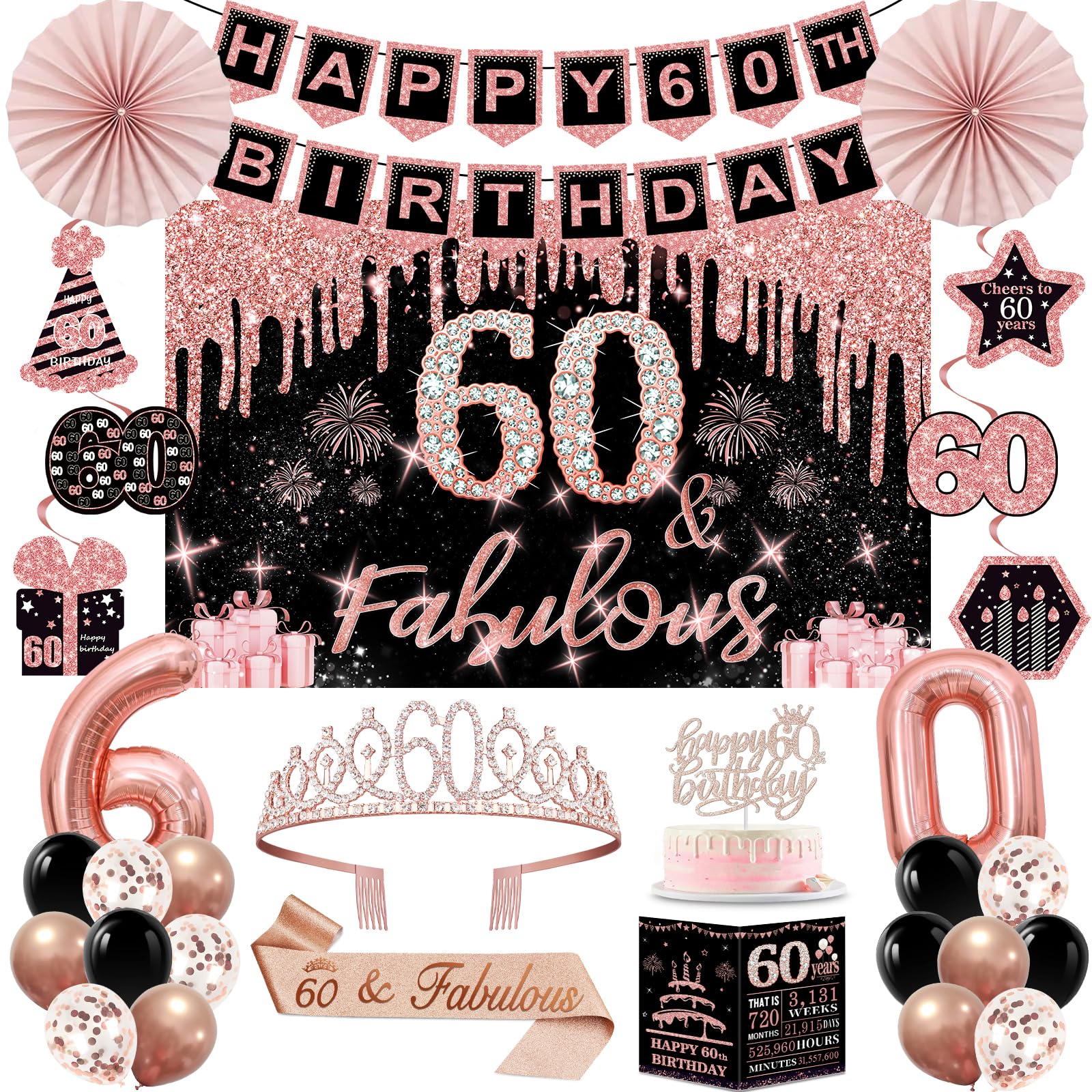 60th Birthday Decorations for Women, 32pcs 60th Birthday Party Decorations, Including Backdrop, Crown, Sash, Banner, Hanging Swirl, Cake Topper, Balloons, Anniversary Card, Paper Fans
