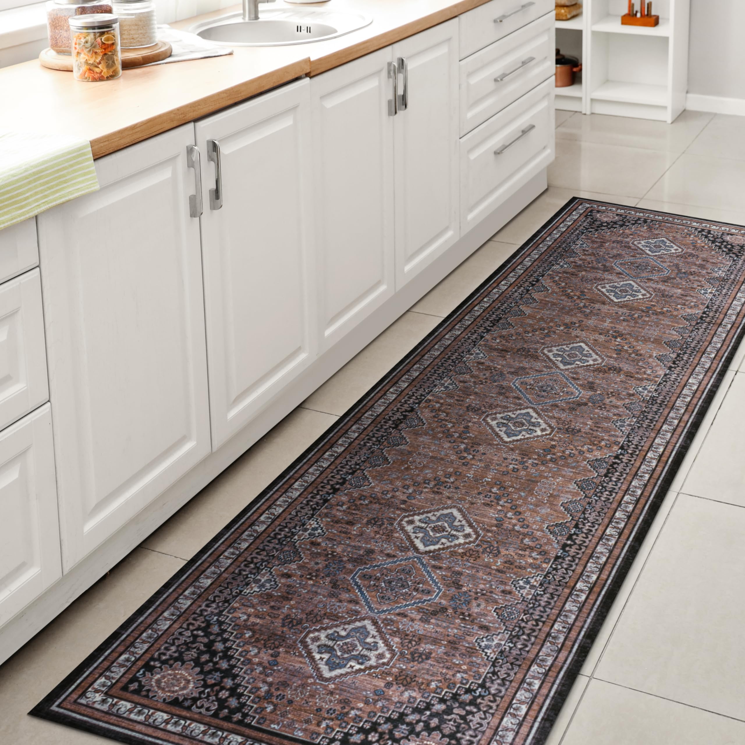 JONATHAN Y Machine Washable Brown/Blue/Gray Runner Rug 2X8 ft, Dalyan Geometric Medallions for Living Room, Bedroom, Kitchen, Office, Easy-Cleaning,