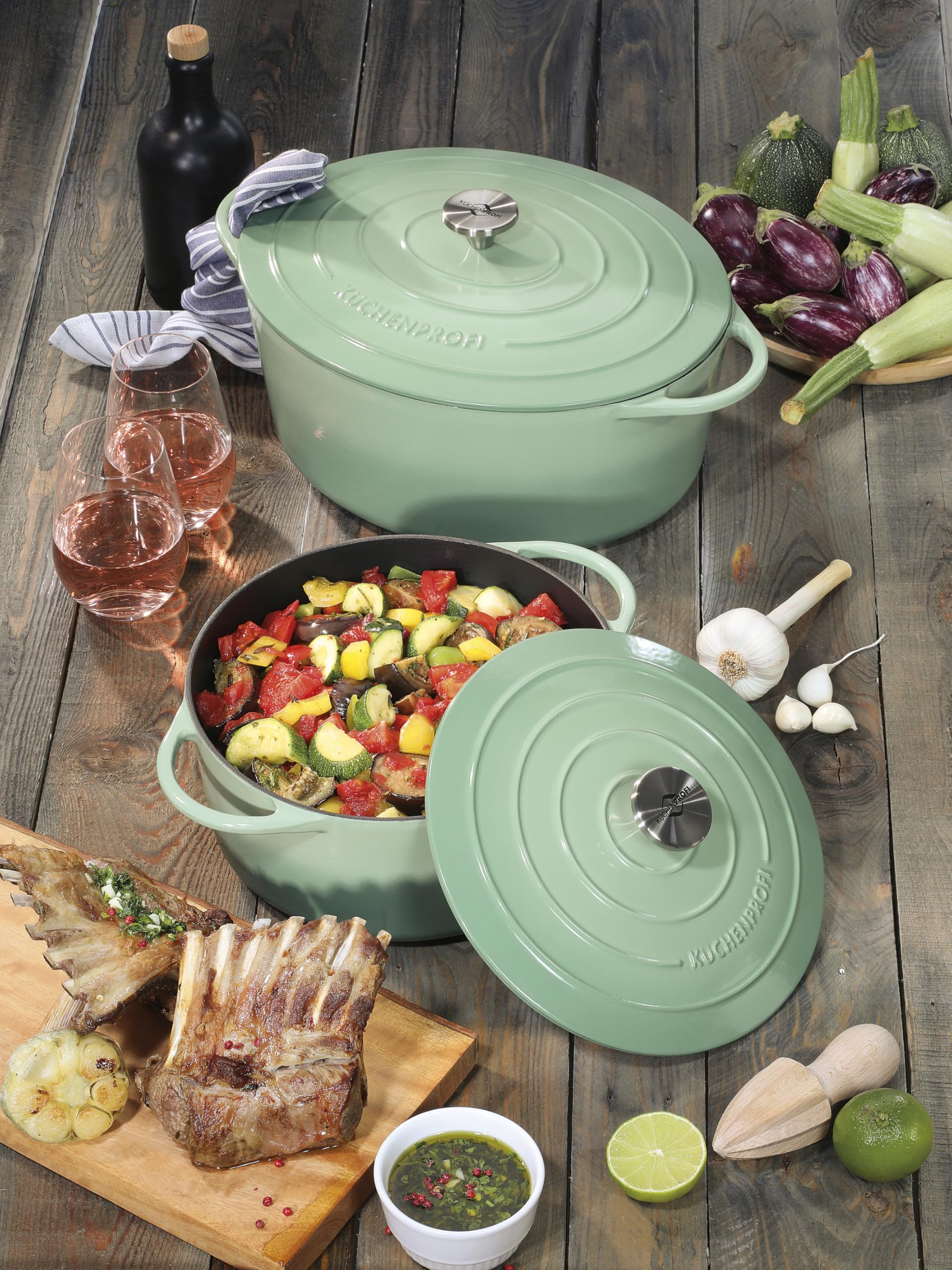 KÜCHENPROFI Gusseisen Bräter oval mit Deckel, 33 cm, emailliert, Jade | Bratentopf, emailliertes Gusseisen, für alle Herdarten, induktionsgeeignet, für Grillgeräte, hitzebeständig, pflegeleicht