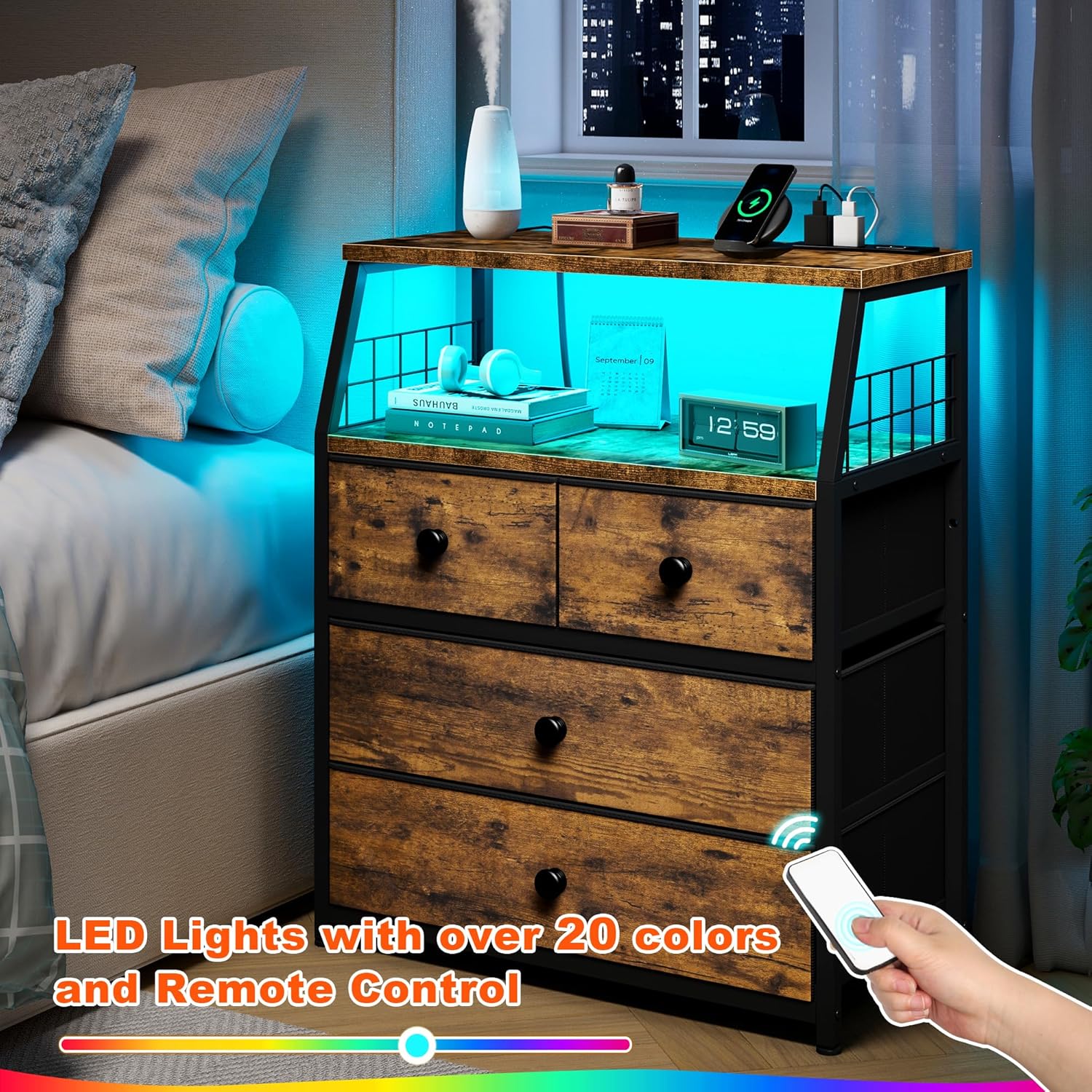 21.8"W Nightstand with Charging Station & LED Lights, Bedside Table with 4 Fabric Drawers, Night Table with Safety Netting Open Wood Shelf Storage for Bedroom, Table with WoodTop, Rustic Brown - Image 3