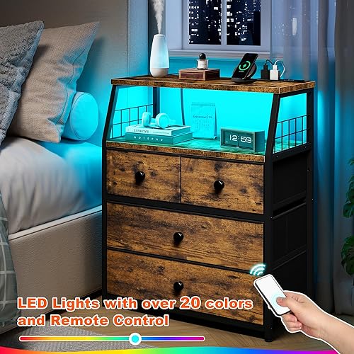 Miniatura 3 de EnHomee Juego de 2 mesitas de noche, mesita de noche con estación de carga y luces LED, mesita de noche con 4 cajones de tela para dormitorio, mesa