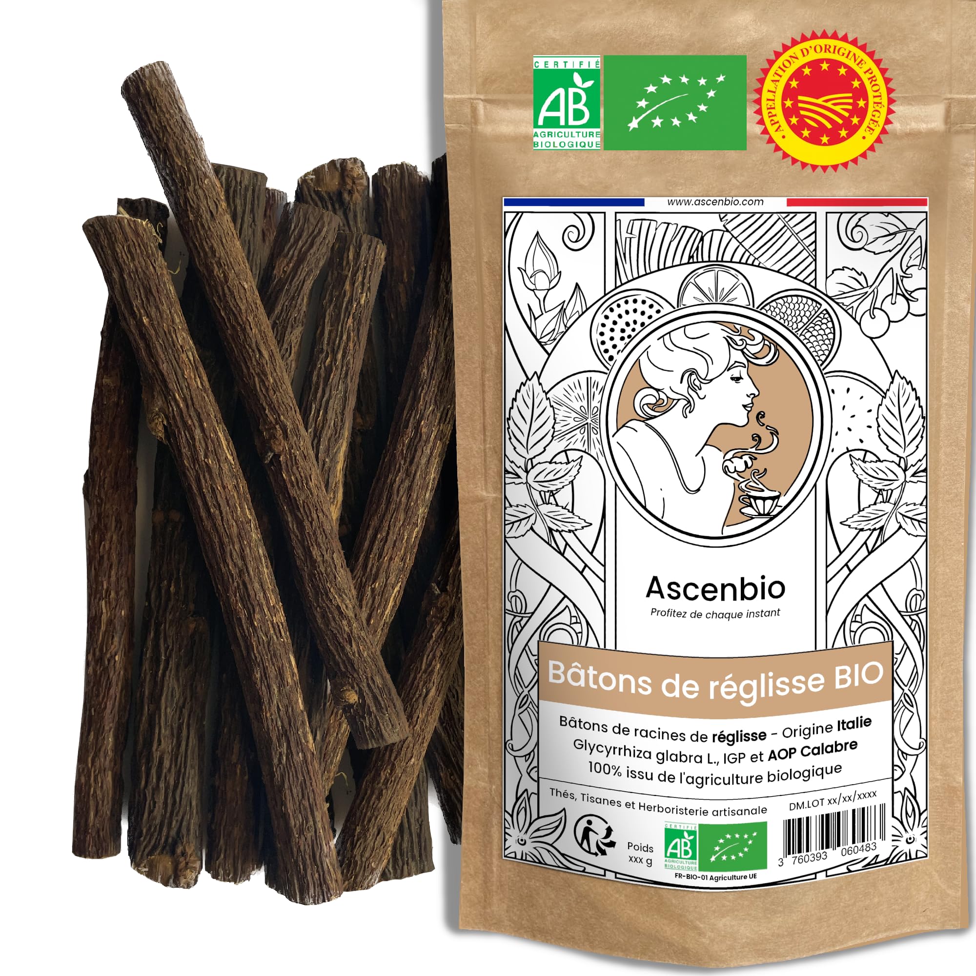 Ascenbio - Especia - Bastones de regaliz orgánico - 100 g - preparado y envasado en Francia - embalaje biodegradable