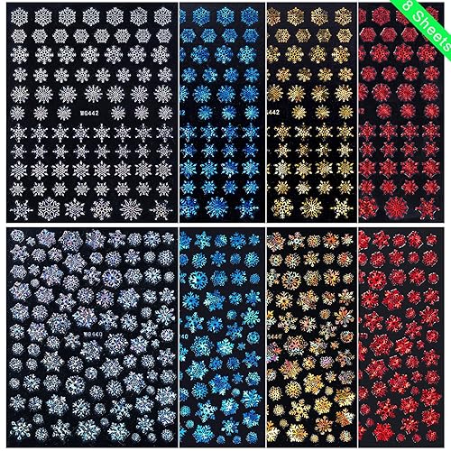 Miniatura 2 de 8 hojas de calcomanías de arte de uñas de copos de nieve decoraciones de uñas de Navidad 3D suministros de uñas holográficos de invierno dorado