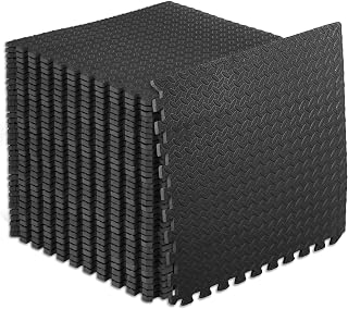 ProsourceFit 1/2 Inch EVA Puzzle Exercise Mat Interlocking Foam Tiles, 144 Sq Ft Home Gym Flooring & Kids Play Mat, Black 24x24 Tiles