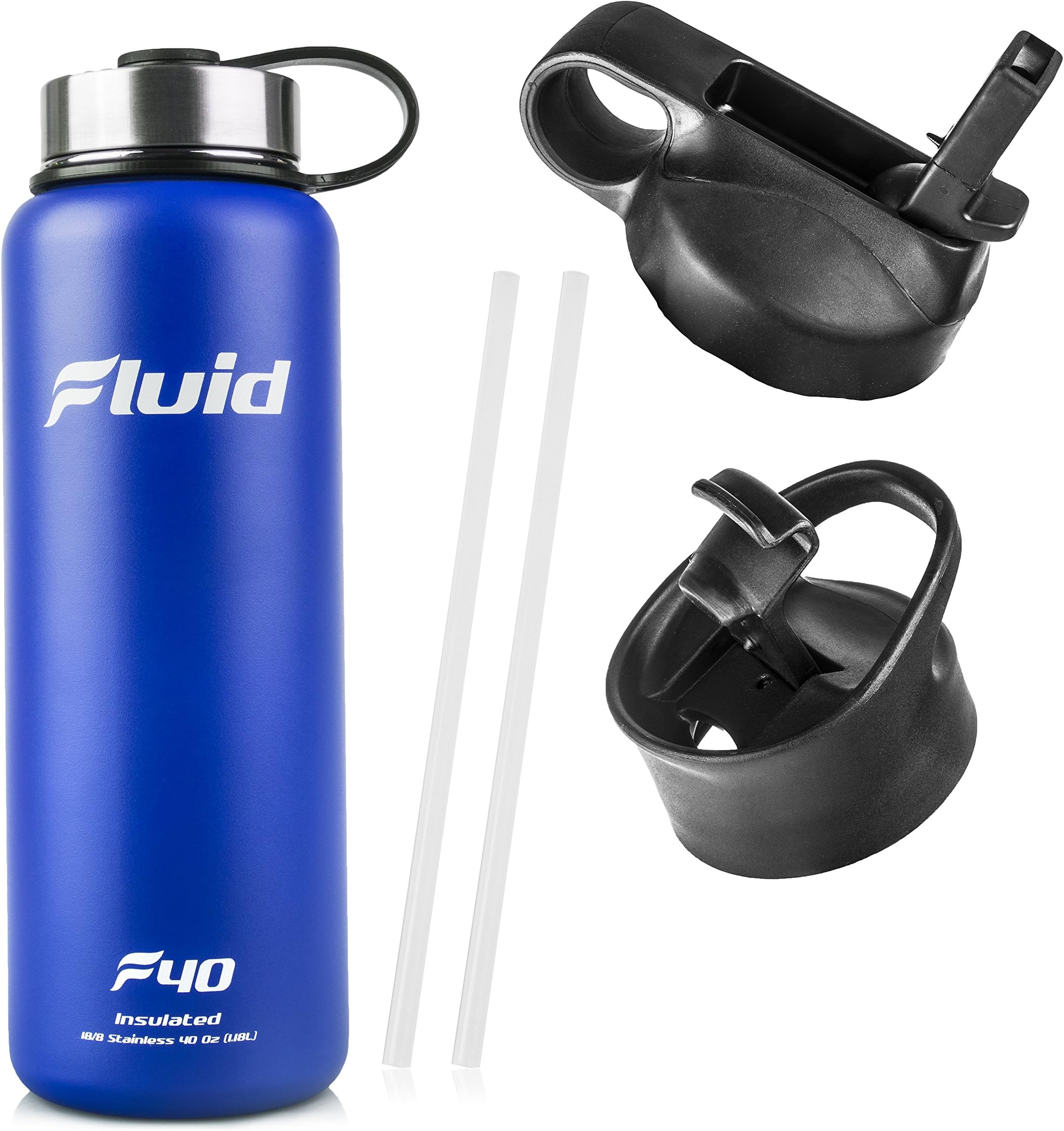 Fluid Insulated Stainless Steel Water Bottle by Sports (Midnight Blue) - 40 Oz, Wide Mouth, BPA Free, Bonus Flip-top Lid Included