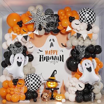 Spooky Dude Halloween Balloon Garland Arch Kit with Pastel Sand Orange Black Latex Balloons Set Ghost 4D Checkered Foil Balloons for Boo Im Two One Birthday Party Decor Black