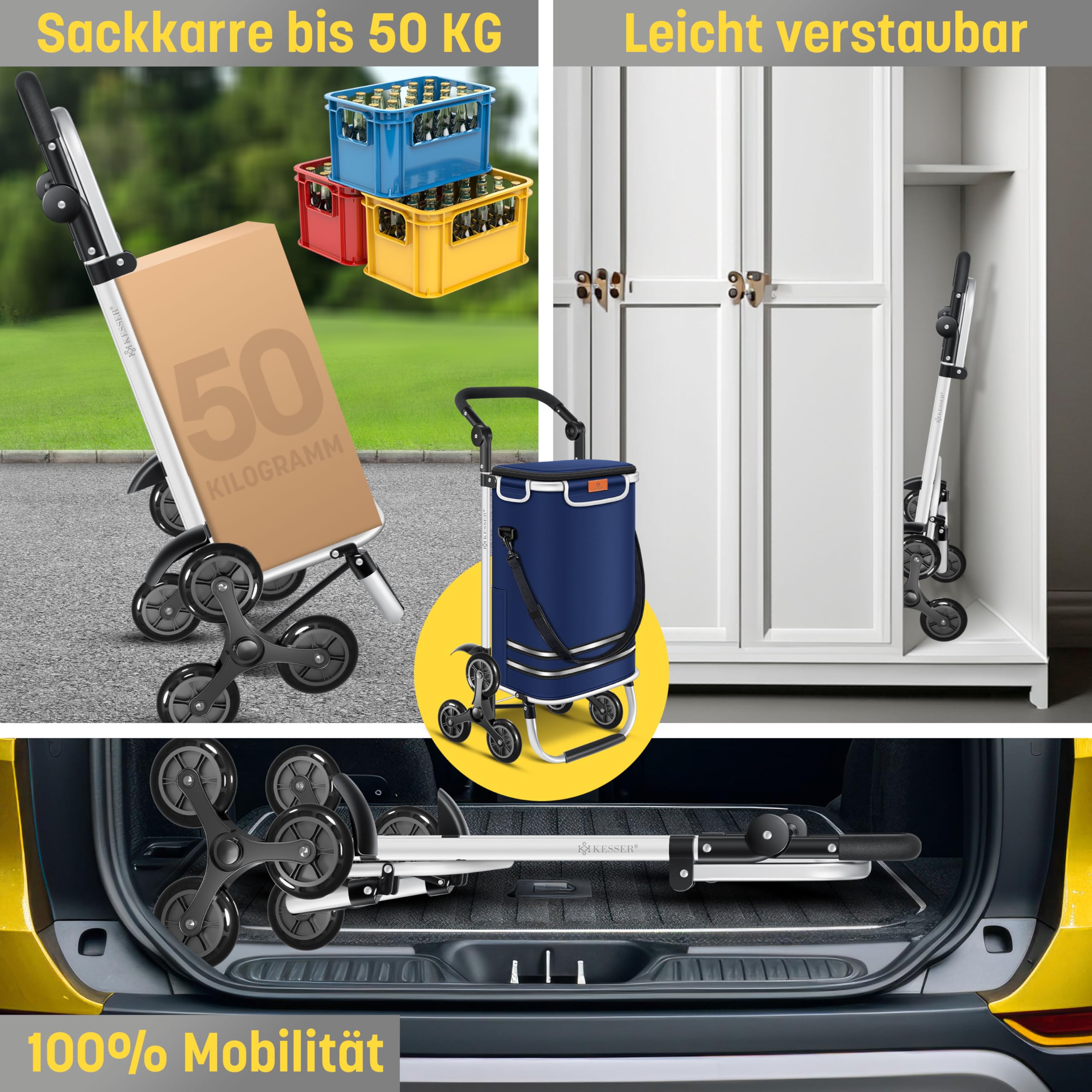 KESSER® Carrello spesa - Montascale con scomparto refrigerante, con Capacità di 56L, Caricabile fino a 50kg, Trolley e borsa a Tracolla 3in1, incl. Chip per la spesa, Pieghevole, Blu marino