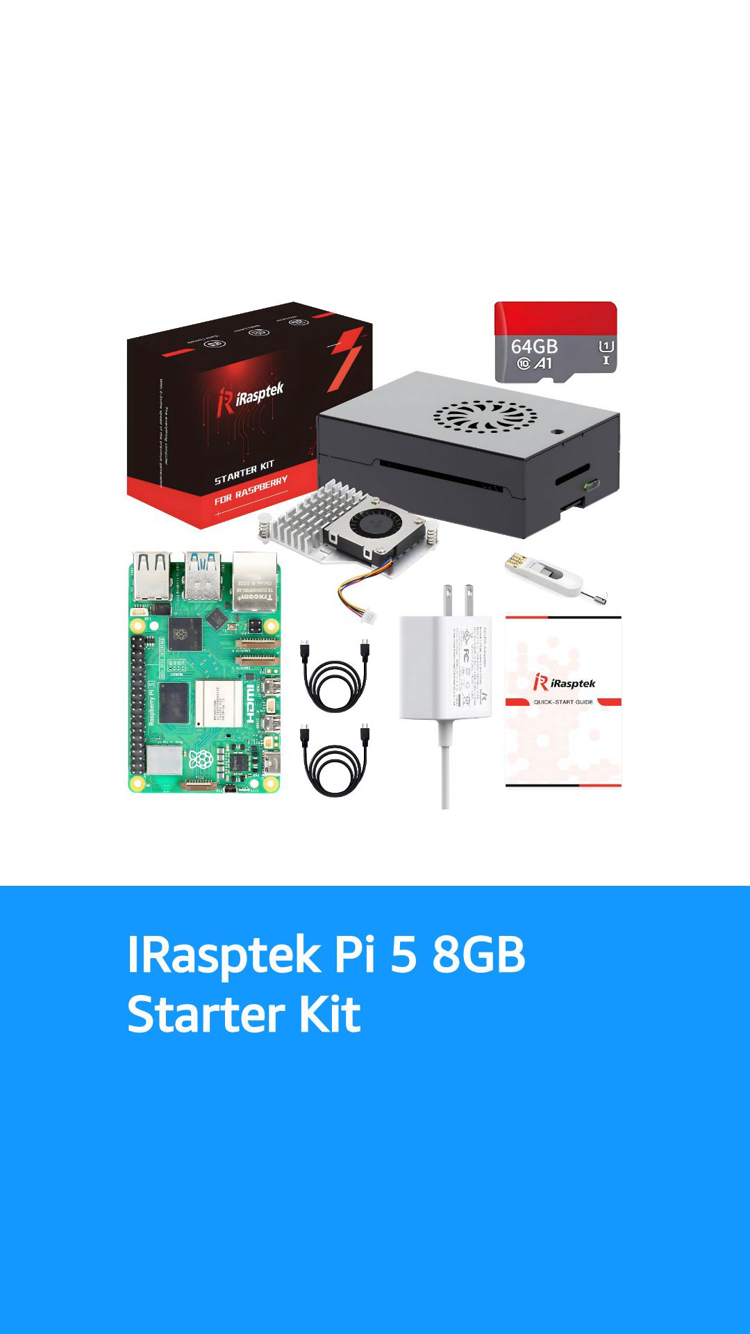 Kit De Démarrage Raspberry Pi 5 8Go IRasptek - Boîtier Aluminium, Alim 27W, Carte 128Go OS Bookworm, Refroidisseur Actif