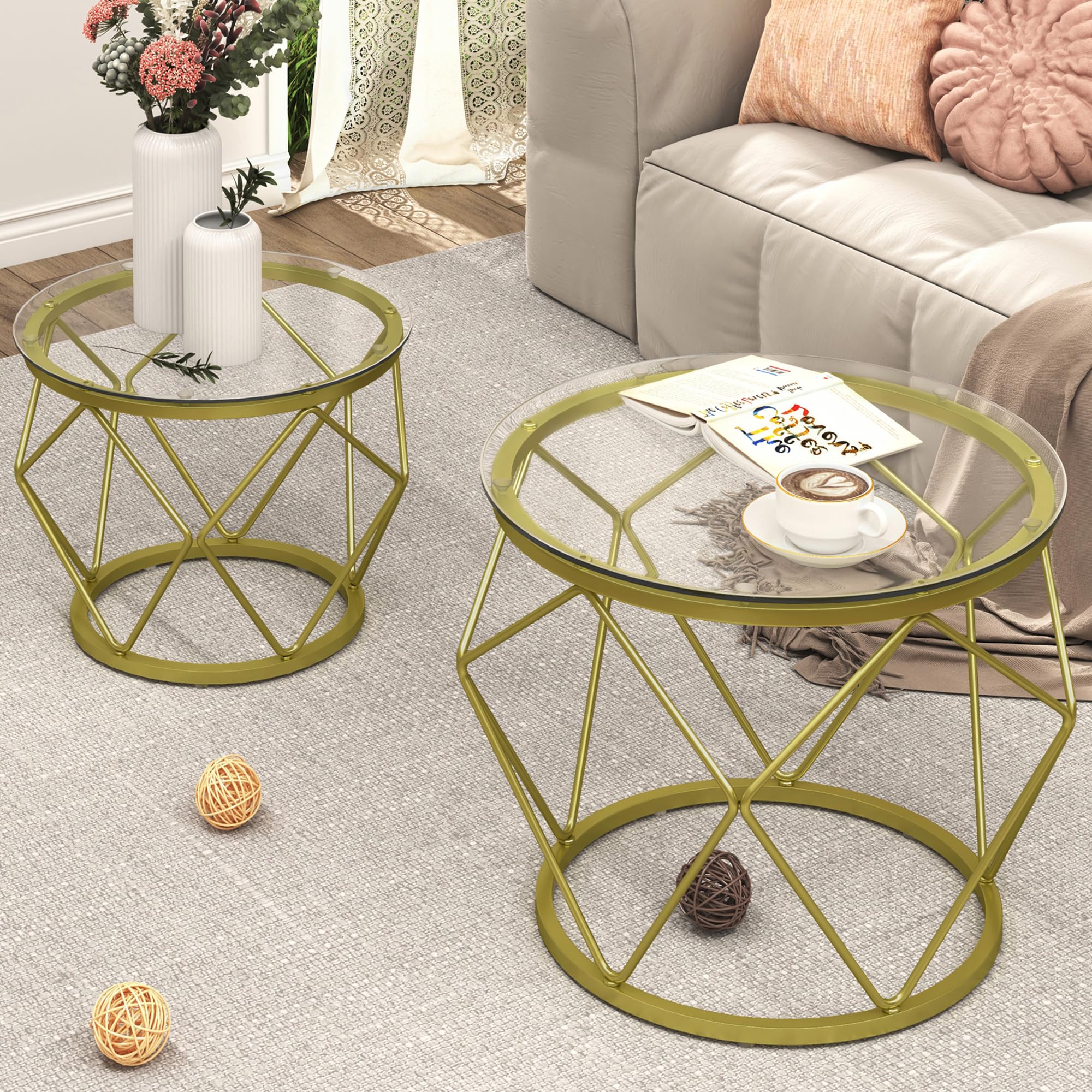 Huhote Salontafel, 67 x 67 cm, glas, moderne woonkamertafel, bijzettafel, vierkant, 4 mm glas, koffietafel, bijzettafel met metalen frame, voor woonkamer, balkon, kantoor, goud