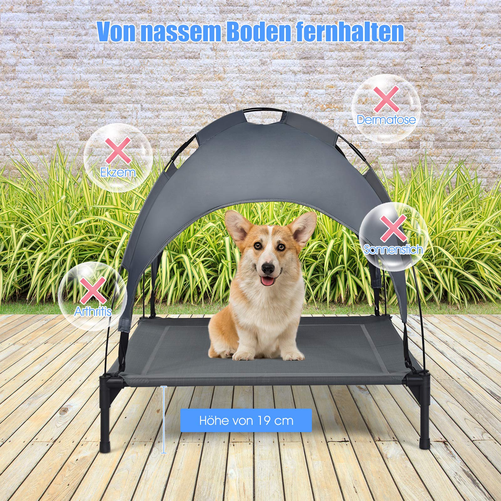 GOPLUS Tumbona para perros con techo, cama elevada para perros, cama para mascotas con marco de hierro, sofá impermeable, cama para perros y gatos con toldo, almohadilla antideslizante para los pies
