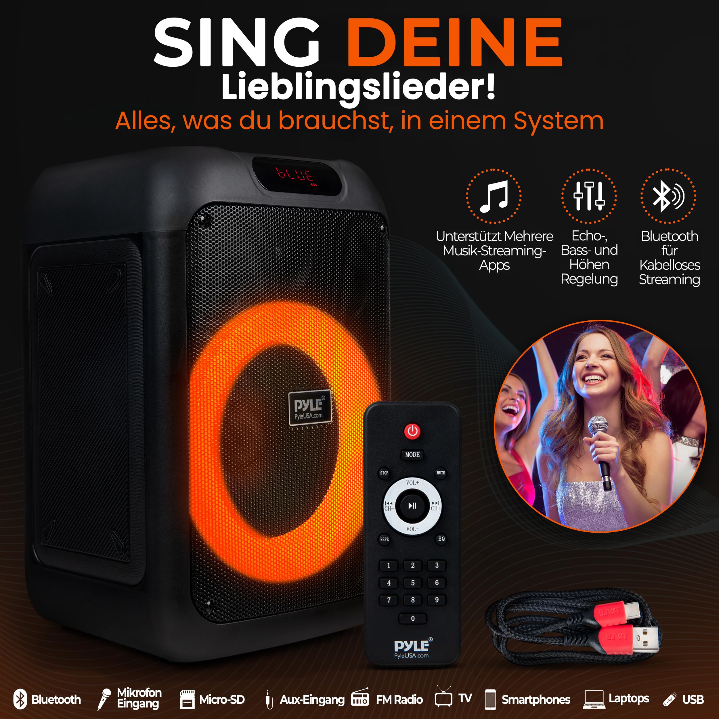 Pyle Partybox Bluetooth Lautsprecher Groß – 100W, LED-Lichtshow, Kräftiger Bass, EQ, TF, AUX, mit Fernbedienung & Tasche, Schnellaufladung, Ideal für Party & Feste