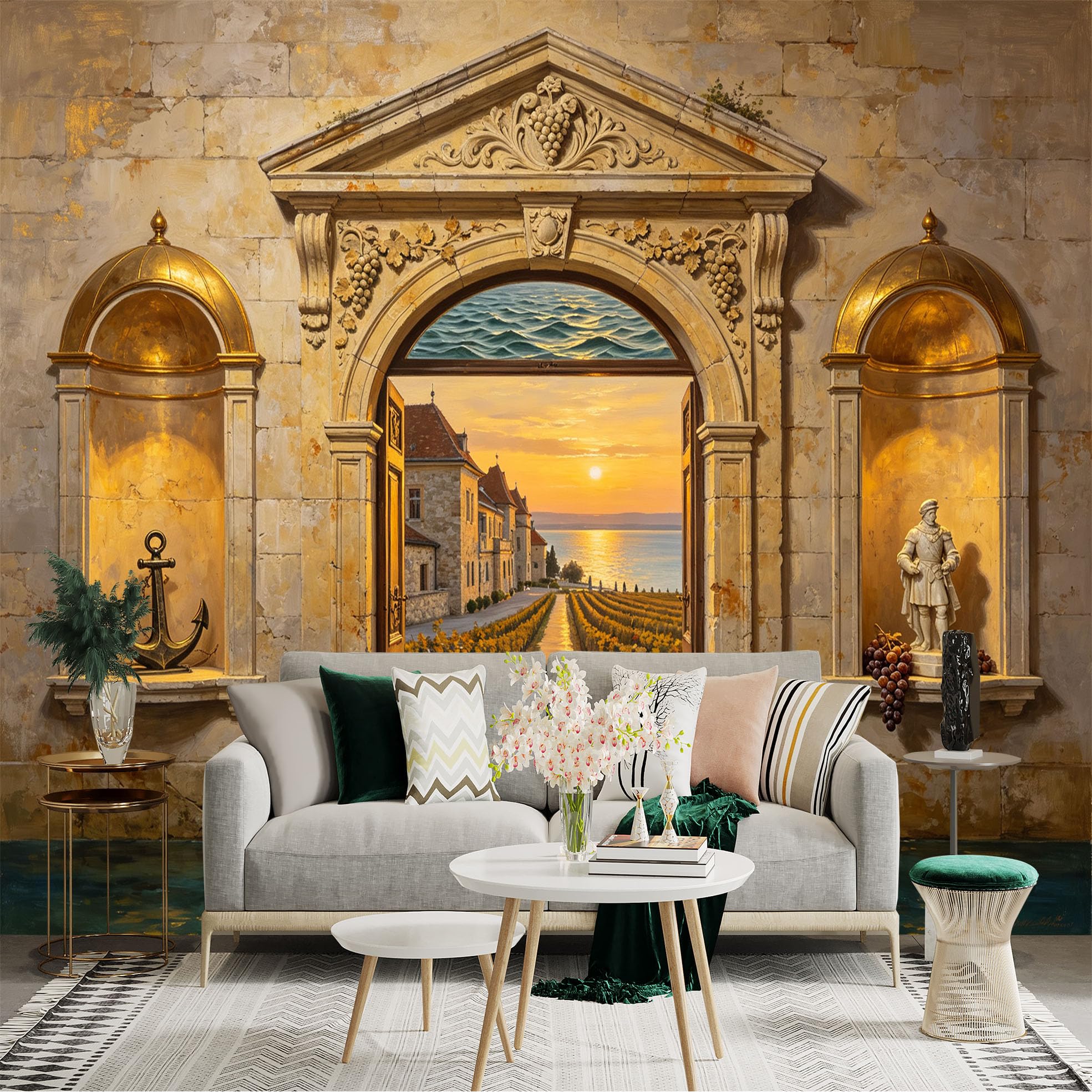Custom Size Wall Sticker Mural， Coastal Vineyard Sunset， Stone Archway and Seaside Village， for wall Decoration， peelandstick wall Decals.