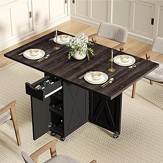 Space Saving Folding Dining Table with 2 Tier Storage-Extendable Drop Leaf Farmhouse Wood Kitchen Dining Room Tables Set for 4, Folding Kitchen Table with 6 Wheels, (Chestnut and Brown)