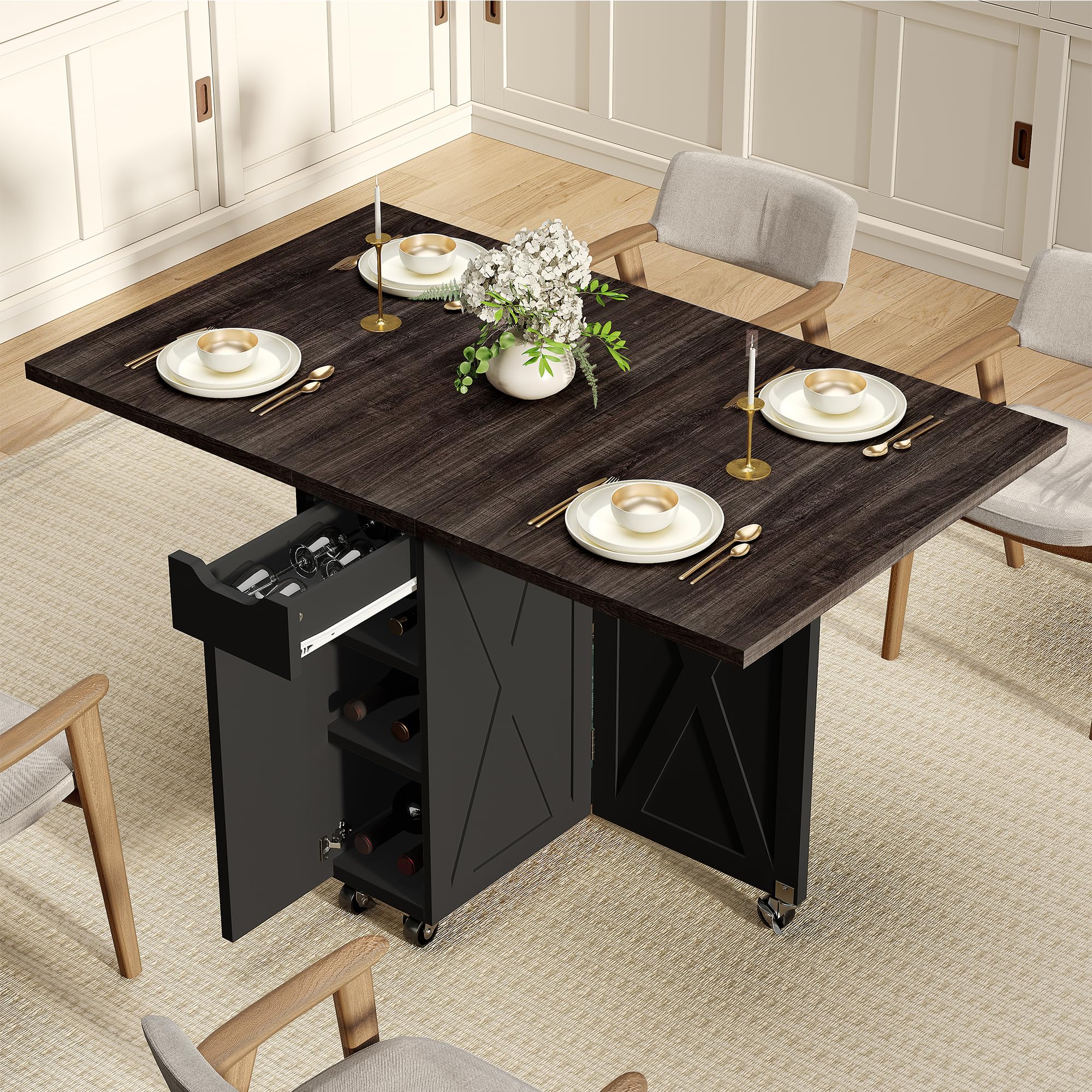 BHAODEAL Folding Dining Table with 6 Wheels, Drop Leaf Tables for Small Spaces, Foldable Dining Table with 2-Layer Storage Rack, Kitchen Table with