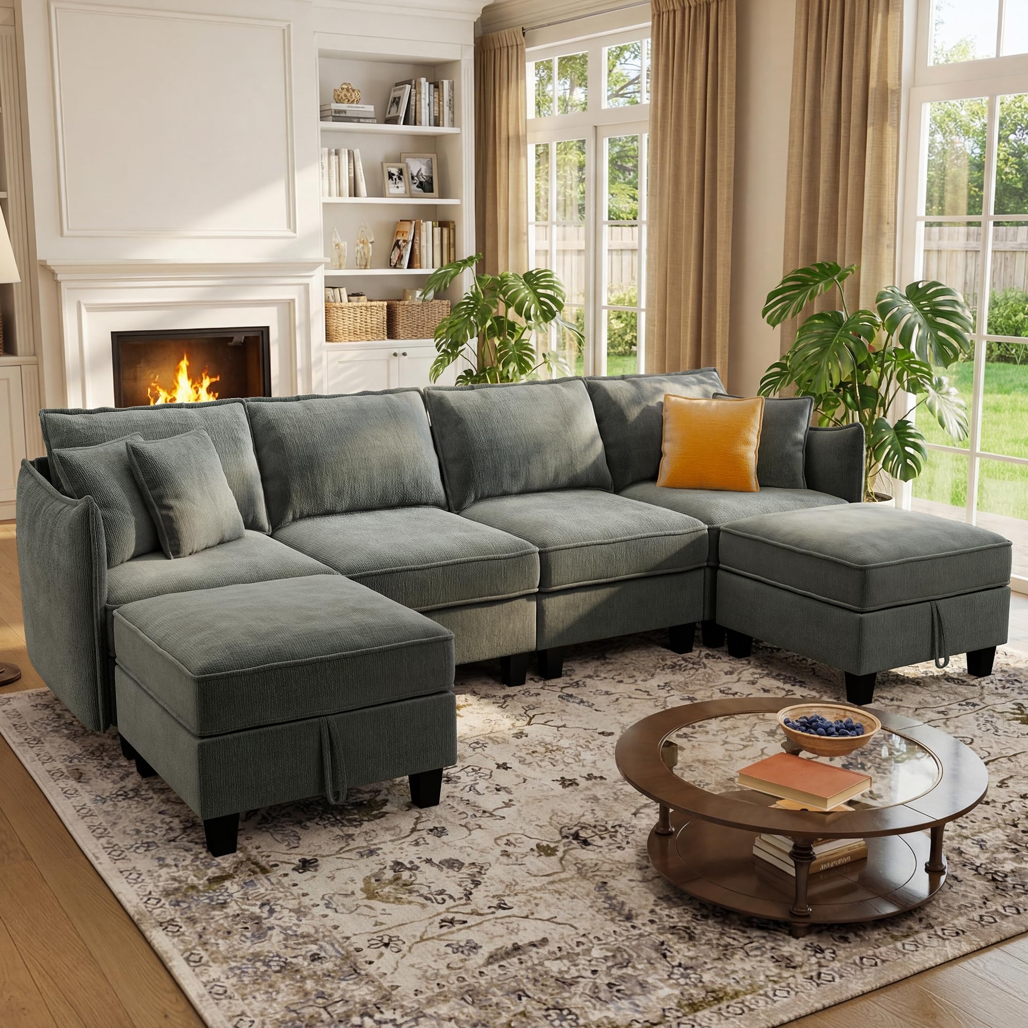 WorthFurni 112 Modular Sectional Sofa U Shape Couches with Storage Ottoman and Washable Cushion Cover for Living Room