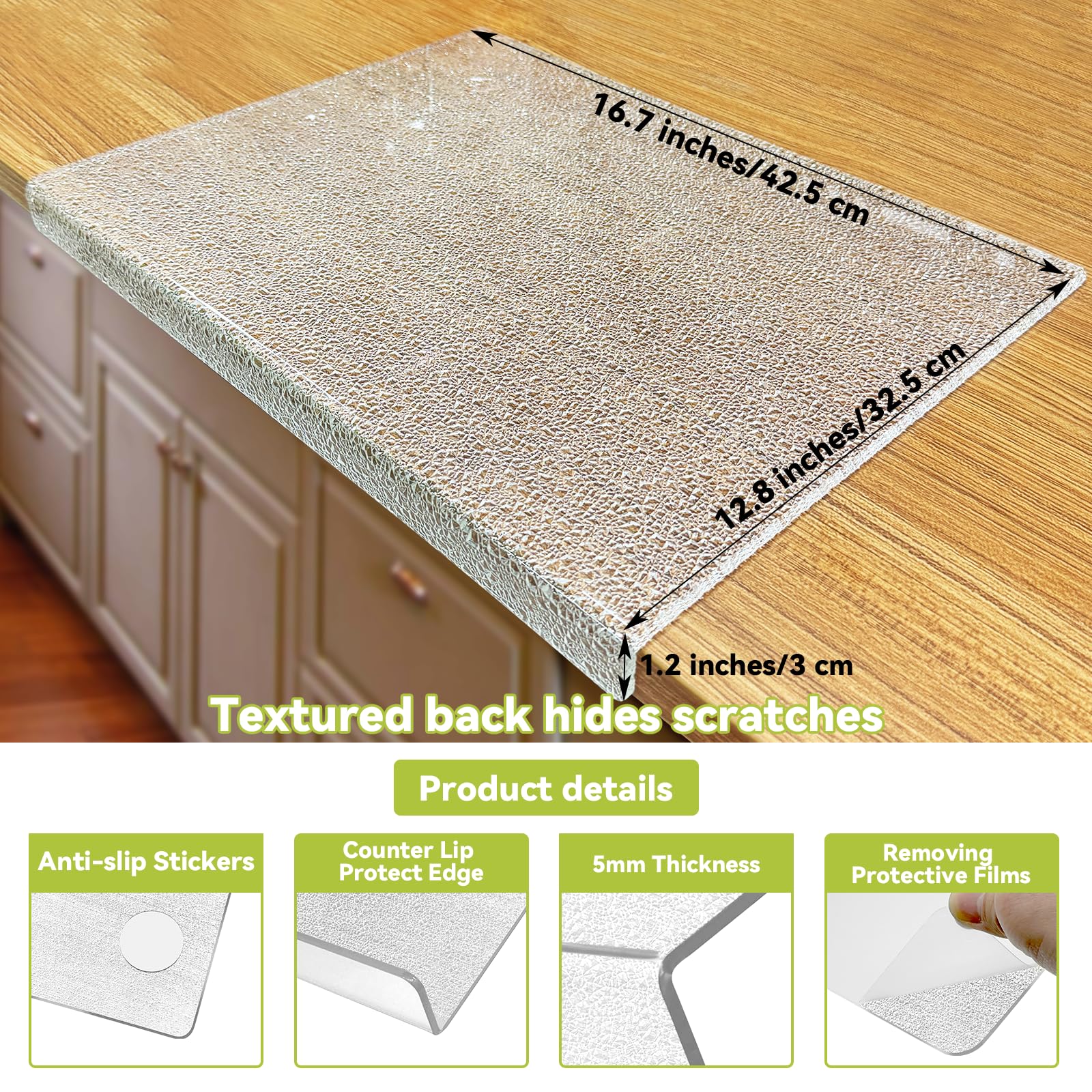 Abrihome Acrylic Cutting Board with Counter Lip, Clear Non slip Acrylic Cutting Board for Kitchen Countertop Protection (Textured 16.7 * 12.8IN)