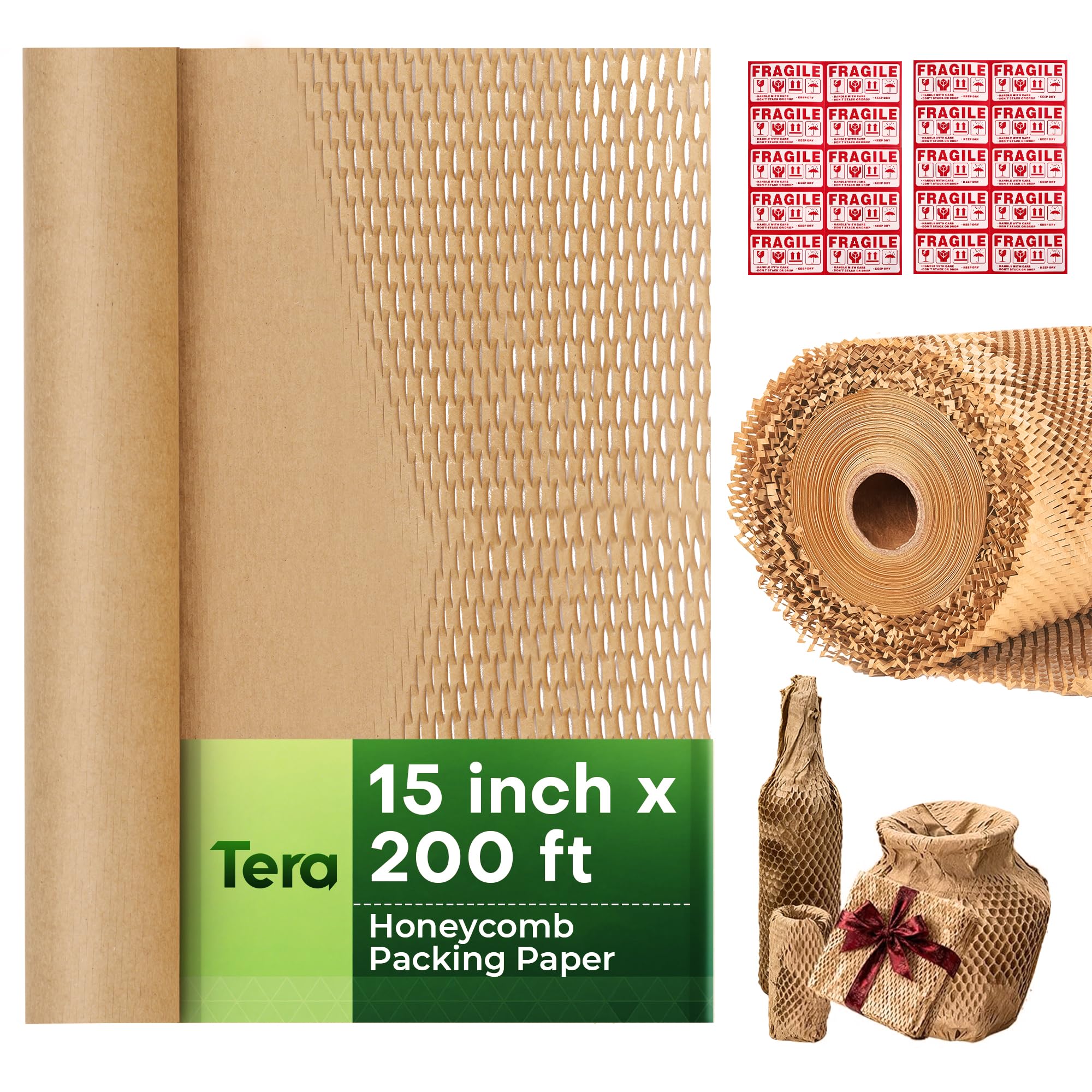 Tera Honeycomb Packing Paper Eco-friendly: 15"x200' Recyclable Cushioning Wrap for packaging Moving Supplies Shipping Boxes Gift Wrapping Paper Alternative to Bubble Wrap with 20 Fragile Sticker