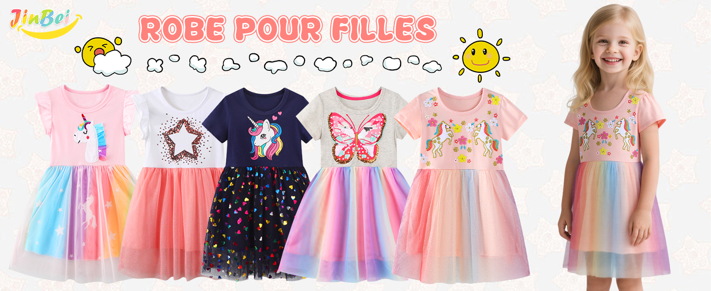 Gumyoss Robe Fille Licorne Coton - Robe Courte Casual Printemps Été 2-8 Ans - Vêtement Enfant Fille