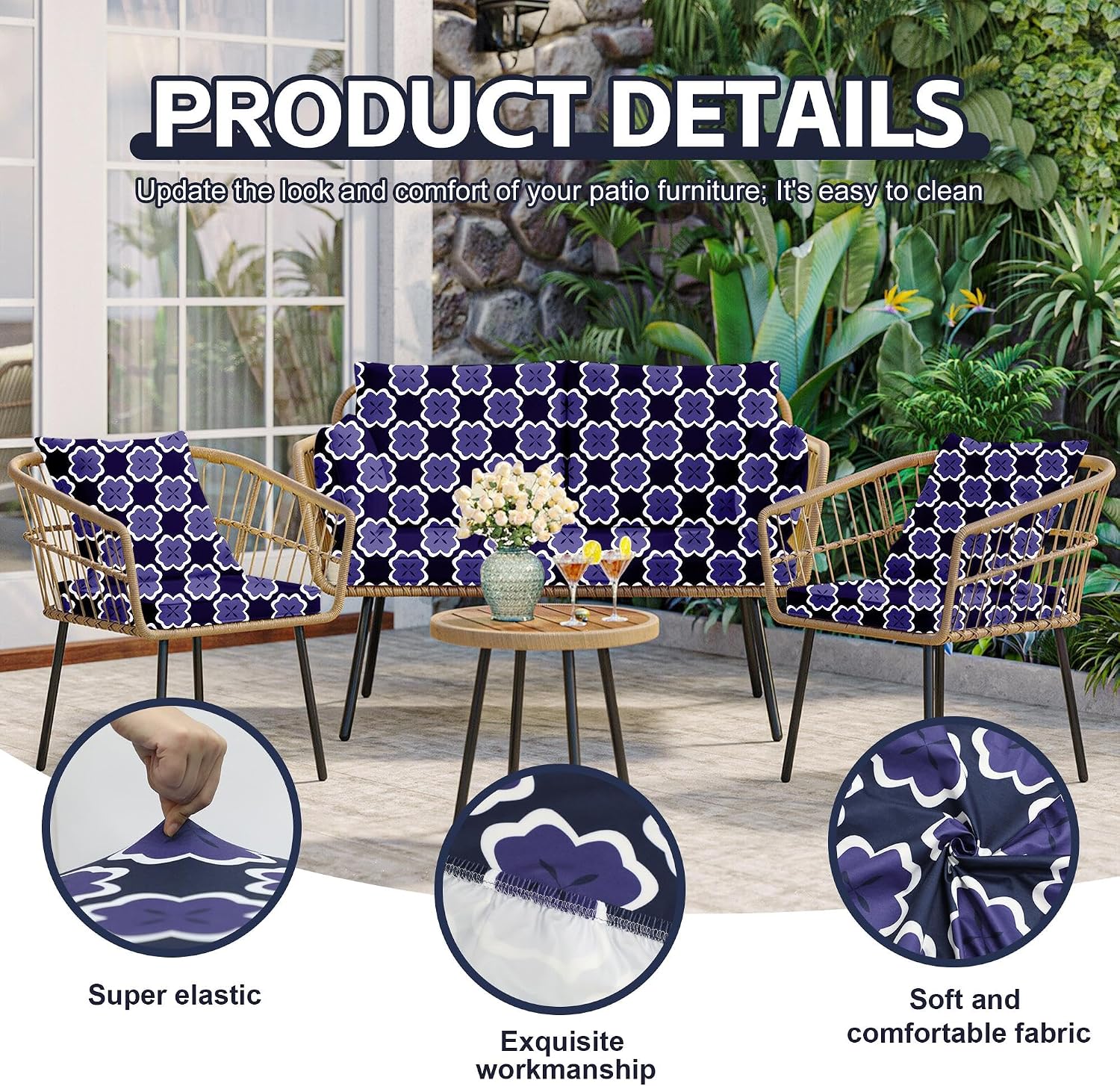 8Pcs Patio Cushion Covers, Outdoor Stretch Cushion Covers, Washable | Stretch Fit, Replacement, Washable and Reusable Furniture Protectors, Fits most patio furniture cushion covers, Cover Only thumbnail