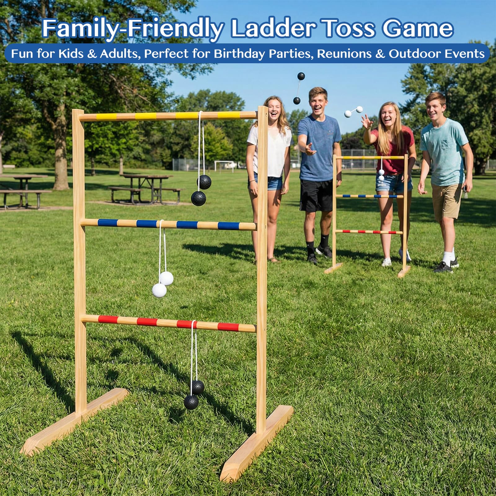WOODENFUN Juego de escalera de golf de madera para exteriores con 9 bolas y bolsa, juego de interior y lanzamiento para adultos y niños a partir de 3 años, 90 x 62 x 58 cm