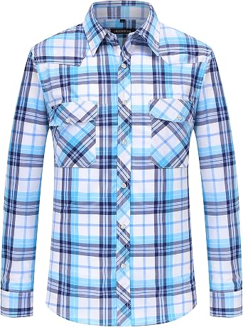 Western Shirts for Men - Mens Cowboy Pearl Snap Buttons Plaid Long Sleeve Lightweight 2 Pockets Casual Shirt