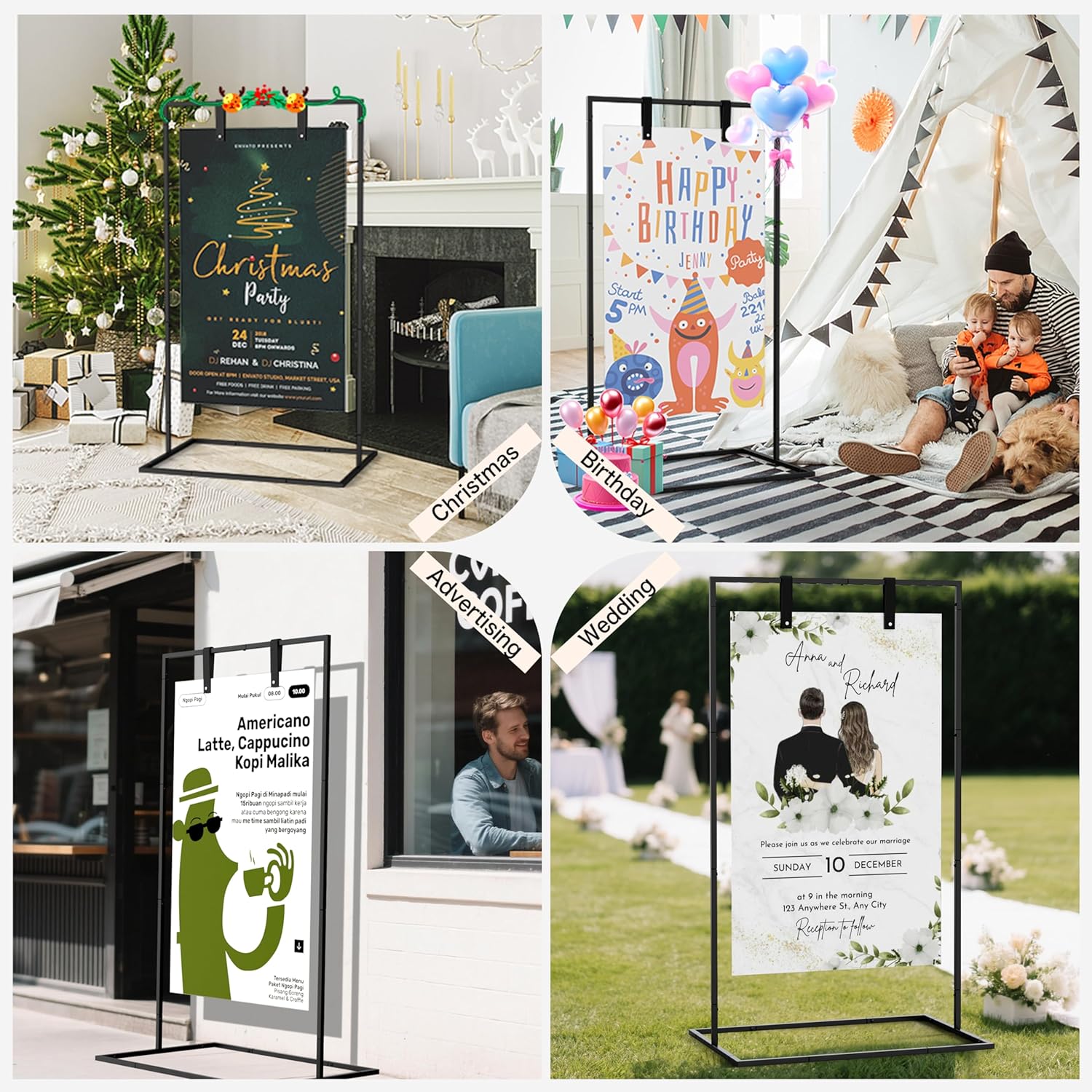 Wedding Sign Stand, Black Wedding Welcome Sign, Wedding Sign Holder with Storage Bag and Leather Sign Hanging Straps, Easel Stand for Sign, Welcome Sign for Party