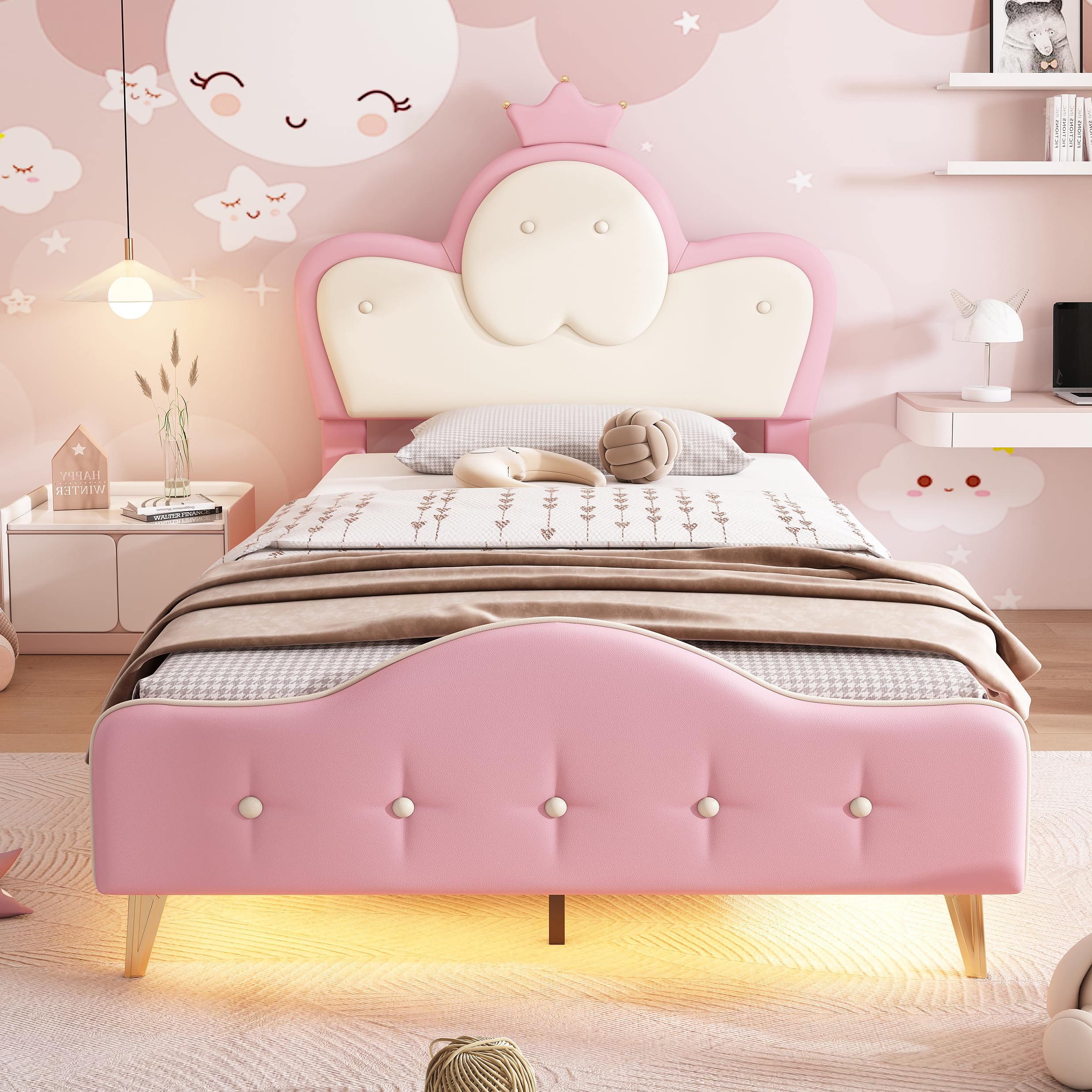 Merax Kinderbett Polsterbett 90x200cm mit LED-Streifen, Mädchen Einzelbett, Kopfteil in Wellenform mit Krone, Bettgestell mit Lattenrost und Fußteil, Jugendbett, PU, ohne Matratze, Rosa & Weiß