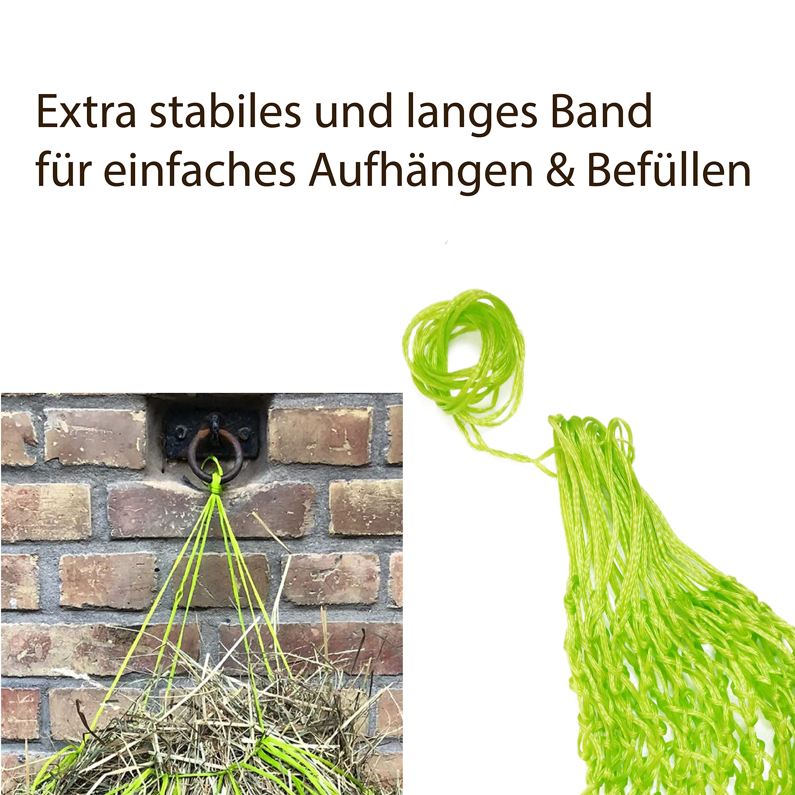 Filet à foin extra large pour chevaux - 5 x 5 cm - Mailles adaptées à l'espèce - Pour les déplacements - Sac à nourriture pour poney, jeunes chevaux, vieux chevaux, chèvres (2 x vert clair)