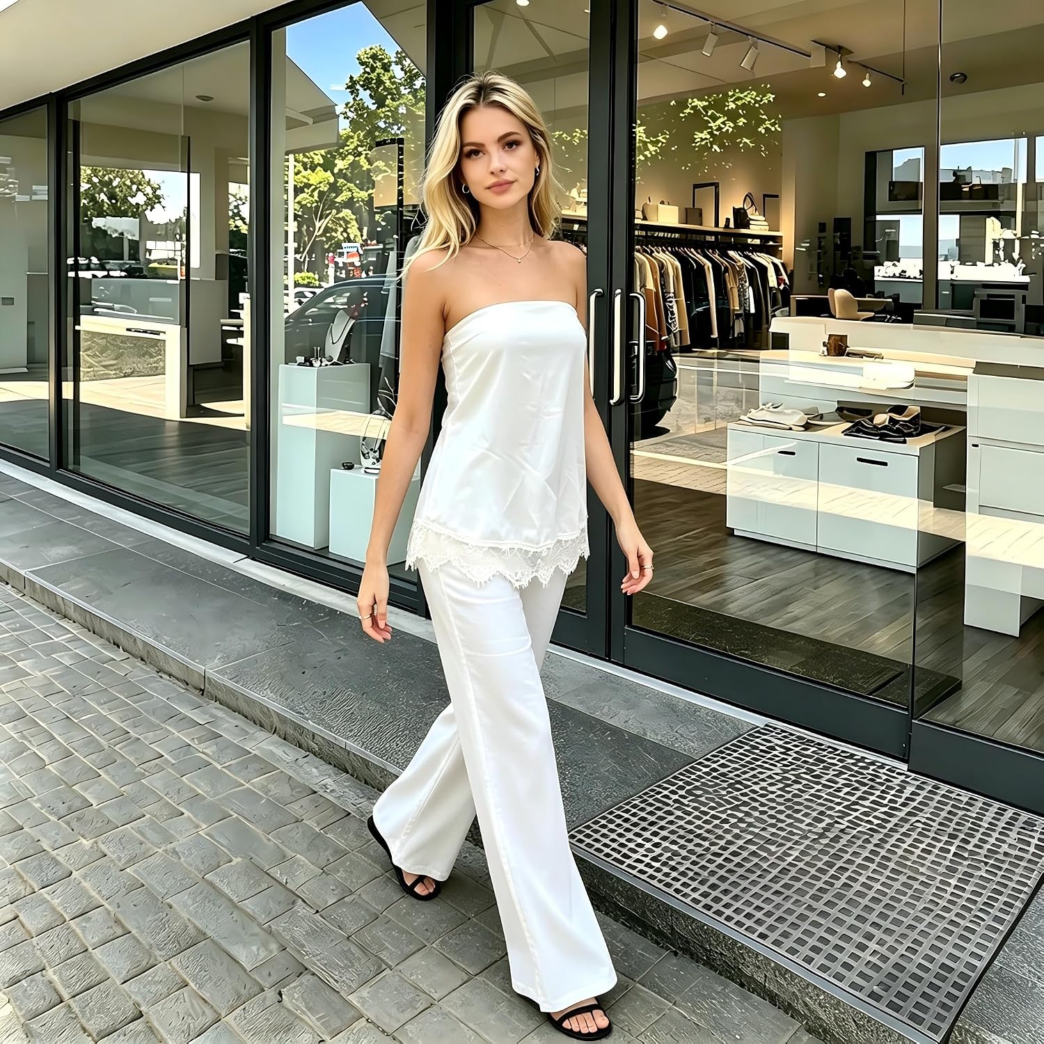 LILTWIST Women 2 Piece Satin Pants Set Halter Asymmetrical Tank Top & Lace Trim Pants Set Silk Going out Matching Lounge Sets