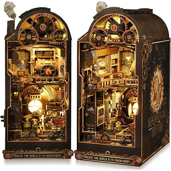 Book Nook Kit for Adults - CRIOLPO DIY Miniature House Wooden Puzzle 3D Dollhouse - Bookend for Bookshelf Decoration with LED Light Creative Gift for Readers