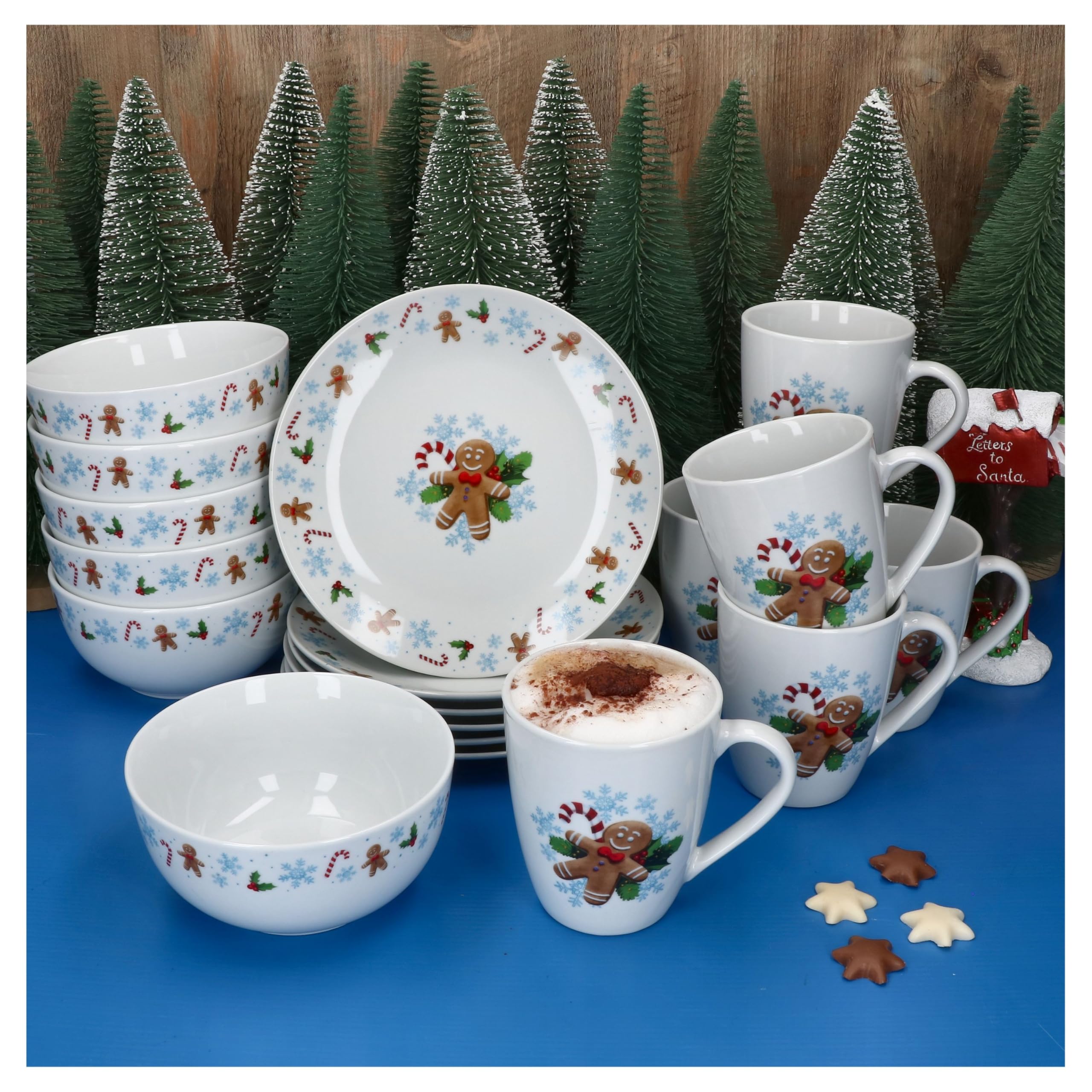 MamboCat Candyman 18-tlg. Frühstücksset | Je 6x kleine Frühstücksteller, Becher & Müslischalen für 6 Personen mit eisblauem Weihnachtsdekor für Weihnachten, Advent & Nikolaus