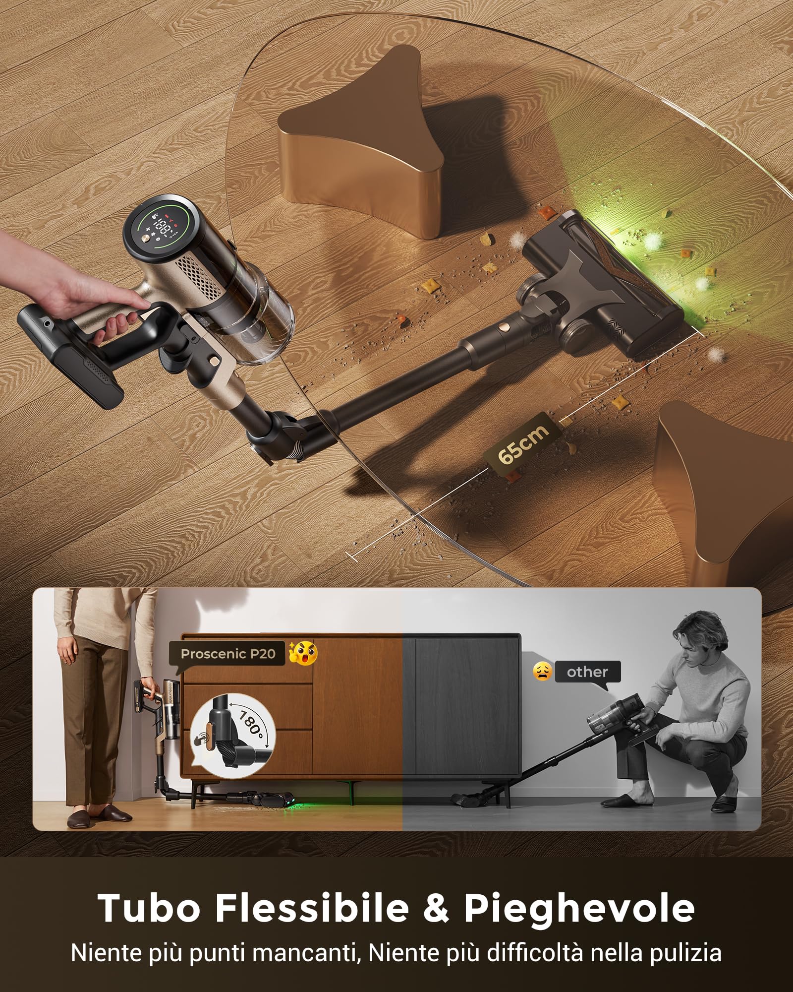 Proscenic P20 Aspirapolvere Senza Fili Potente 680W/70 Min/70000Pa, Scopa Elettrica Senza Fili con Bacchetta Pieghevole, Spazzola Antigroviglio, Aspirapolvere Lavapavimenti, per Pavimenti/Tappeti