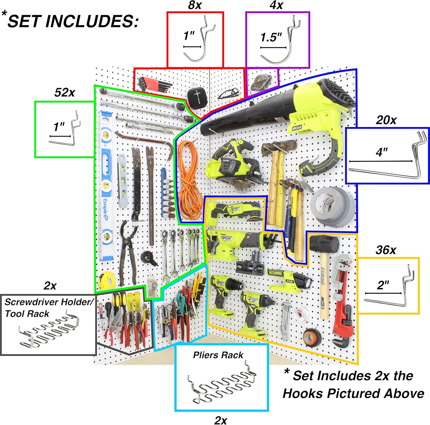 Right-Arrange Peg Board Hooks for Hanging Tools Assortment x2 – Tool Organization Accessories Kit – Organizer Set of 1 inch, 2 inch, 4 inch L Hooks, J Hook, Pegboard Pliers Rack and Screwdriver Holder