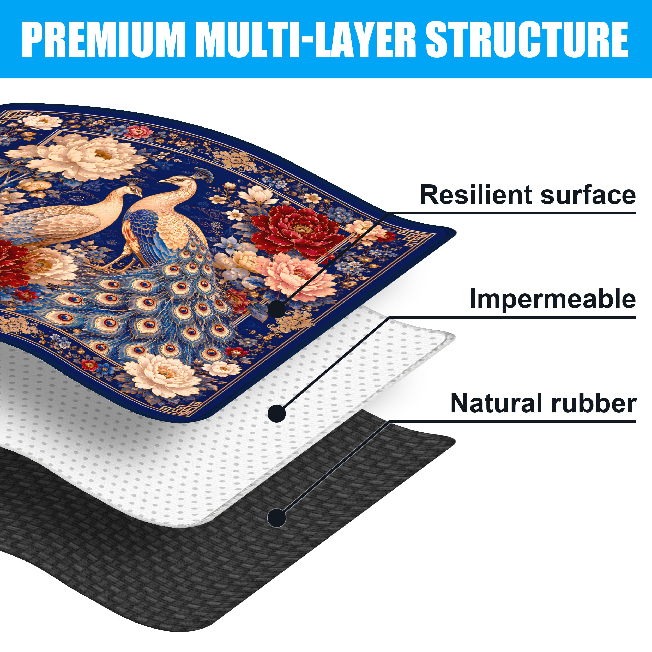SODAVA Peacok Tapis de Mahjong, Chinoiserie Housse de Table de Jeu de Jardin avec Sac de Transport 80cm x 80cm Caoutchouc Anti-dérapant Réduction du Bruit pour Mahjong, Carte, Dominos, Jeux de Société