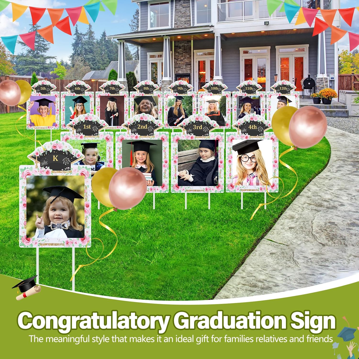 13 Pcs 16 x 11 Inches K-12 Graduation Photo Yard Signs with Stakes, Class of 2026 Graduation Decorations Party Supplies for Preschool Kindergarten Elementary High School Grade Outdoor Yard(Pink)