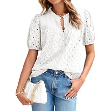 Glamaker Womens Summer Tops Blouse 2026 Casual Eyelet Embroidered Short Puff Sleeve Lace Hollow Out Button Dressy Shirts